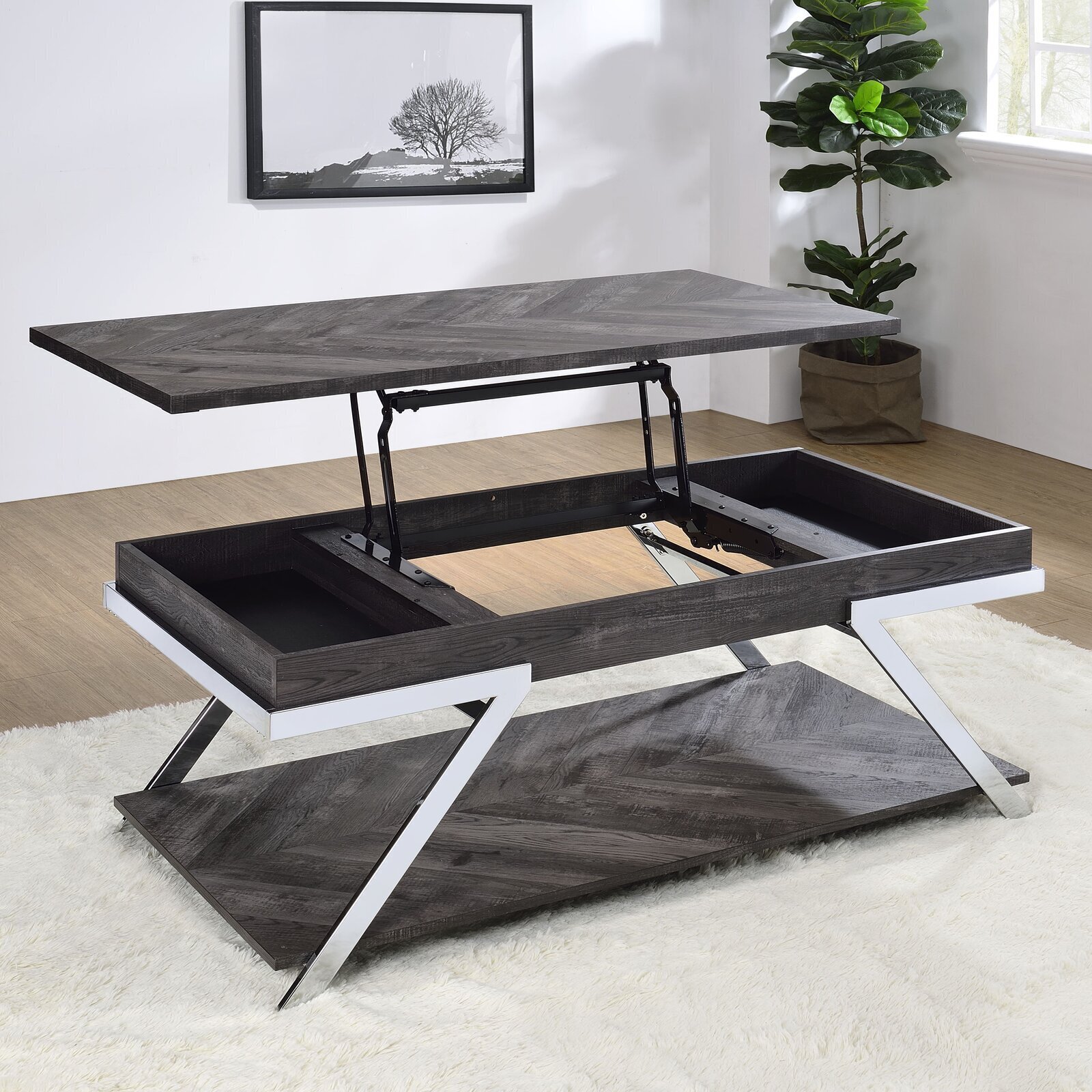 Mixed media wood and chrome coffee table 