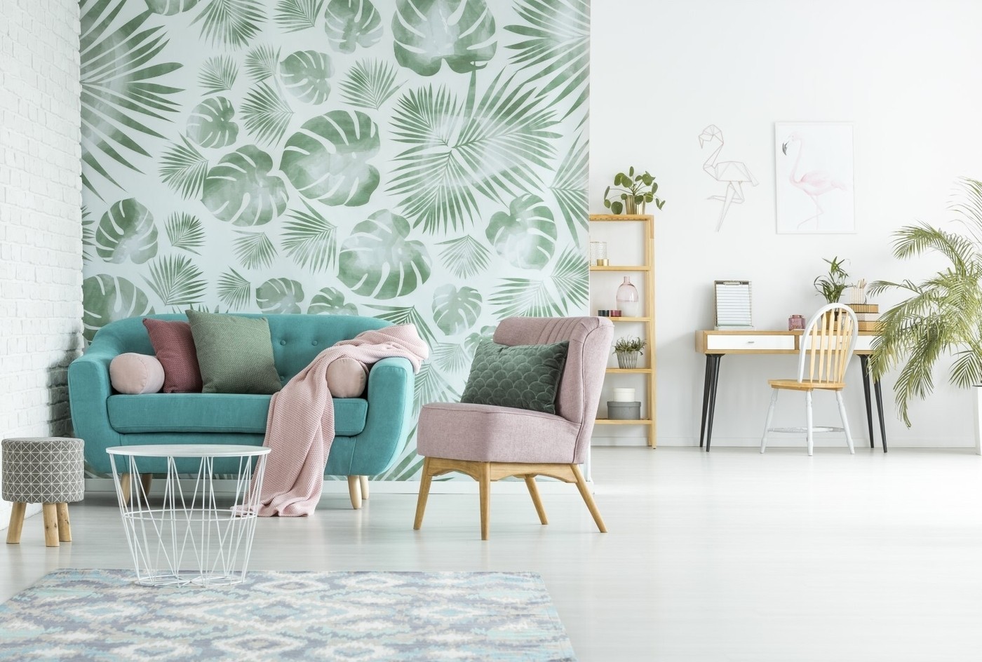 Modern apartment with a turquoise sofa