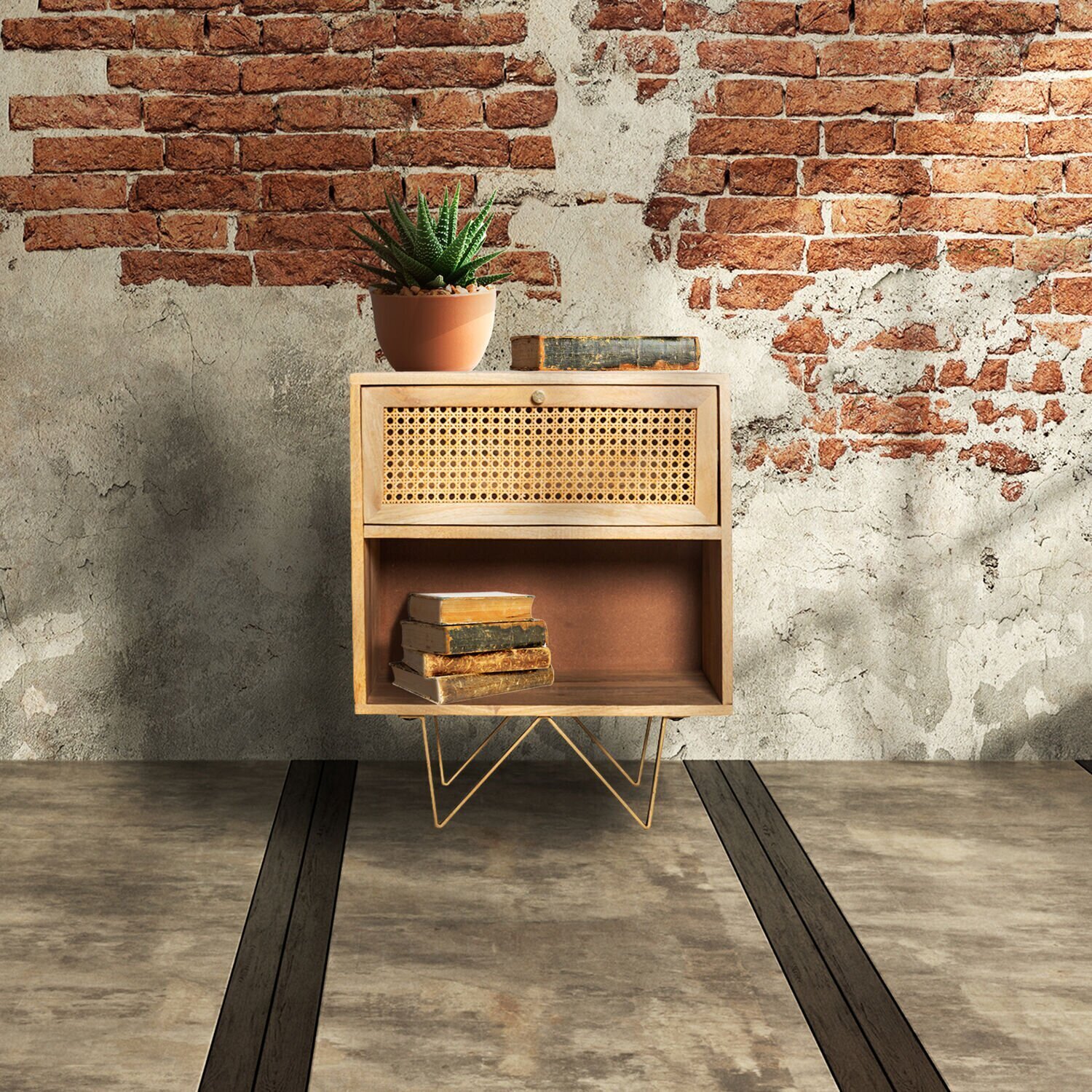 Modern Solid Wood Nightstand With Accented Geometric Legs
