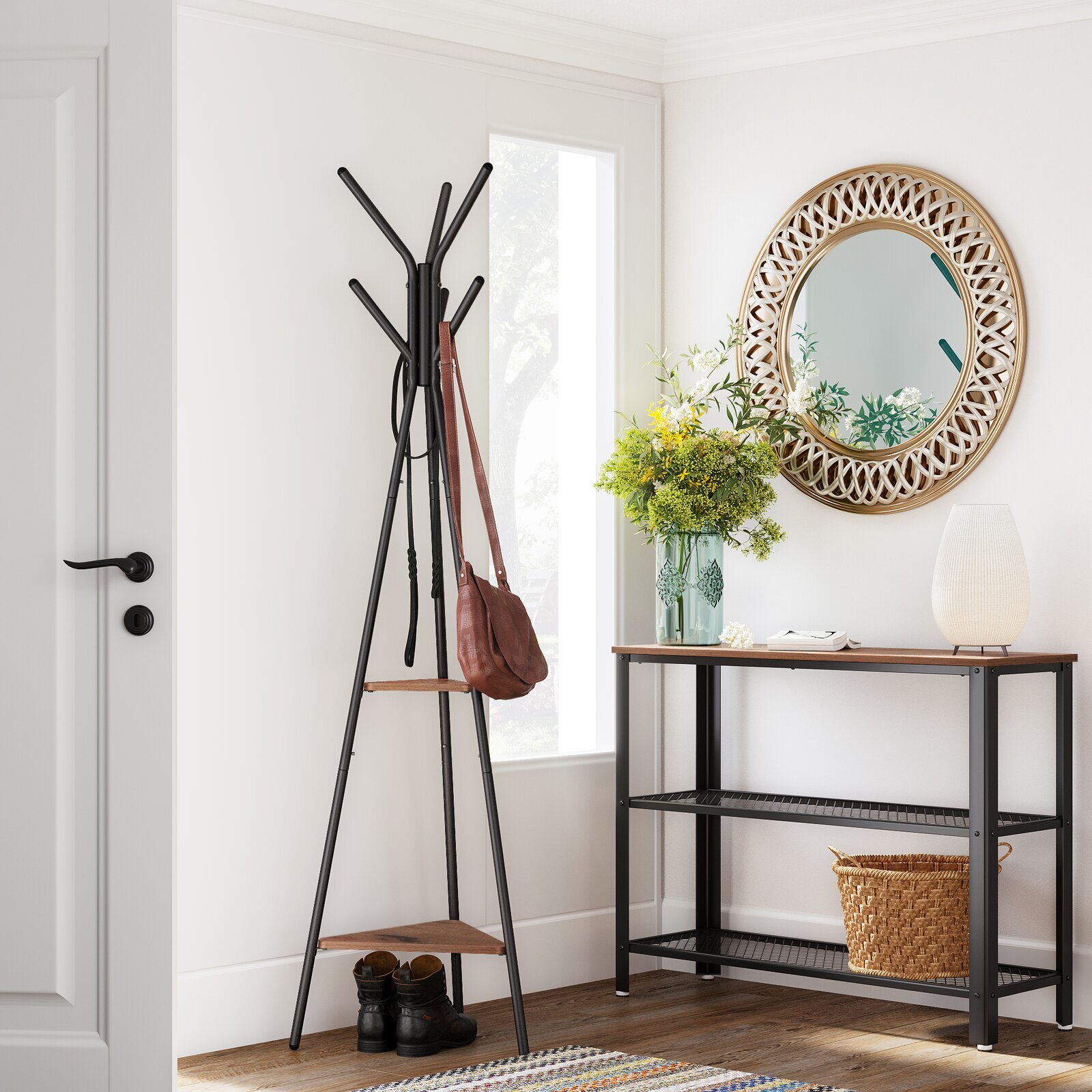 More contemporary coat rack with functional features 
