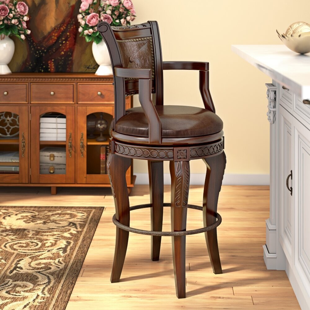 Ornate Wooden Swivel Bar Stool with Arms and Round Seat