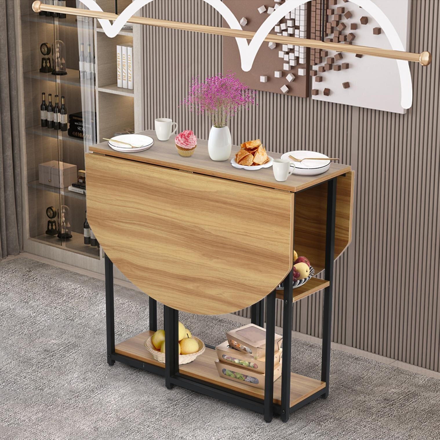 Oval folding table with open shelves
