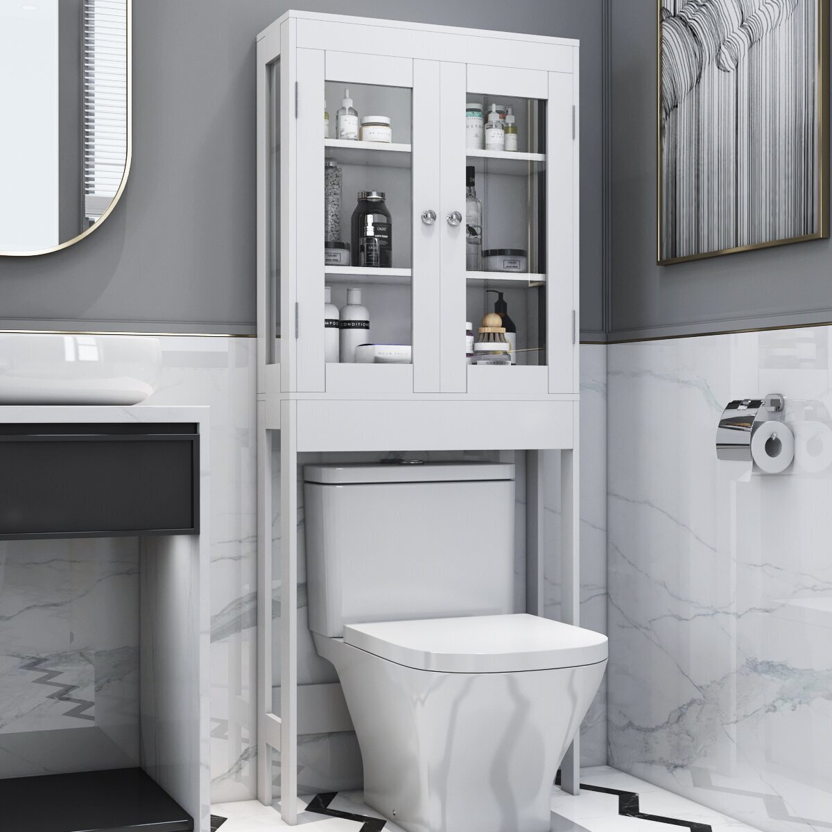 Over toilet cabinet with glass doors