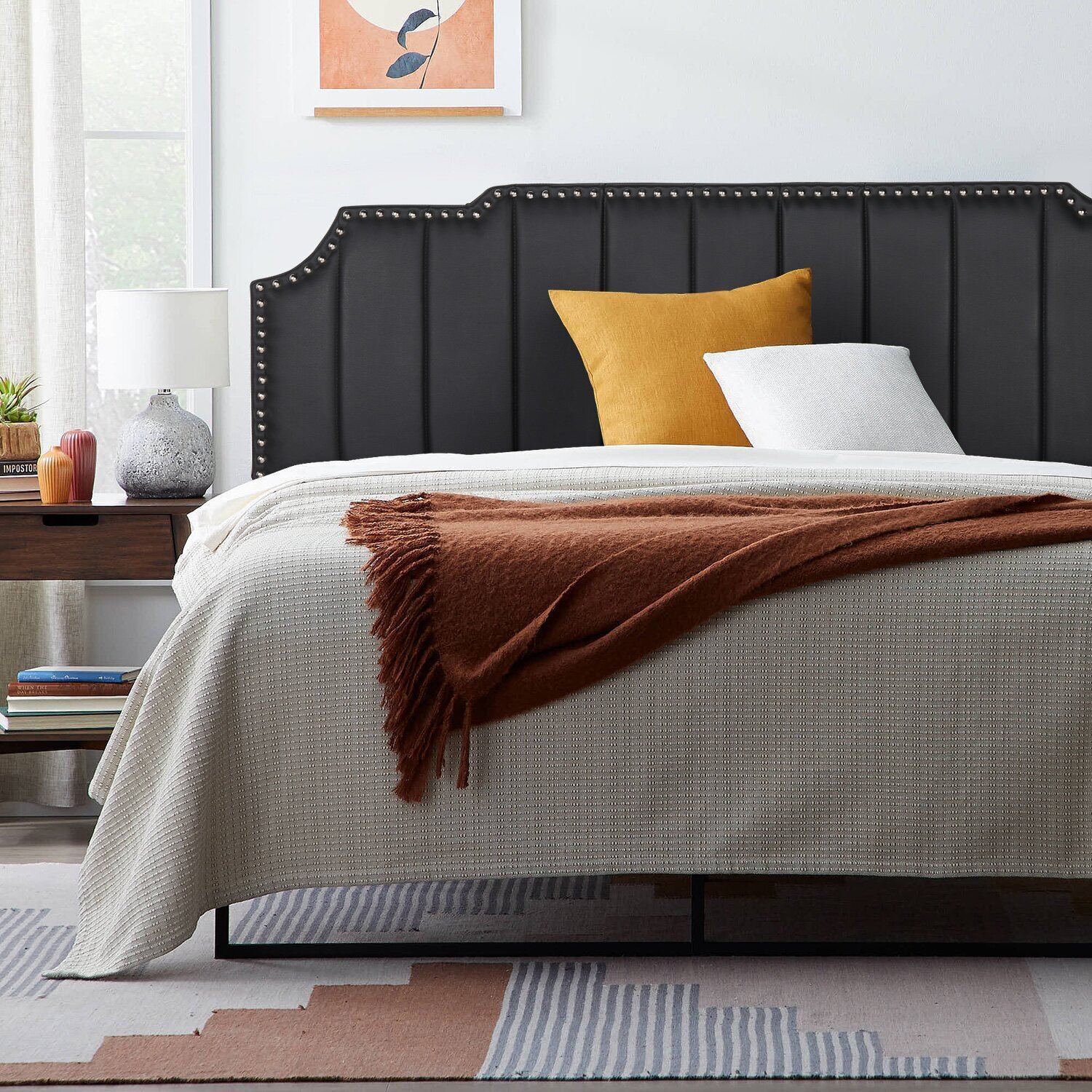 Paneled Black Leather King Headboard