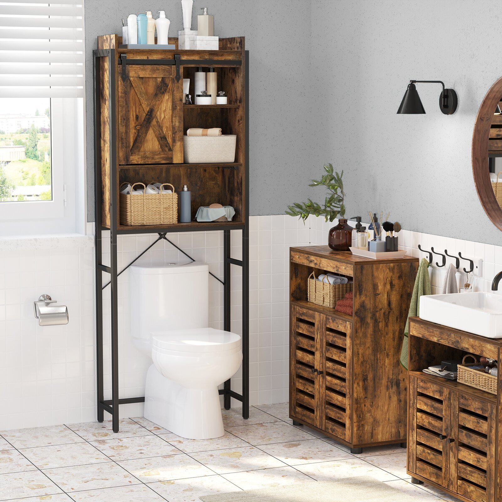 Pinewood Shelf Behind Toilet Rack