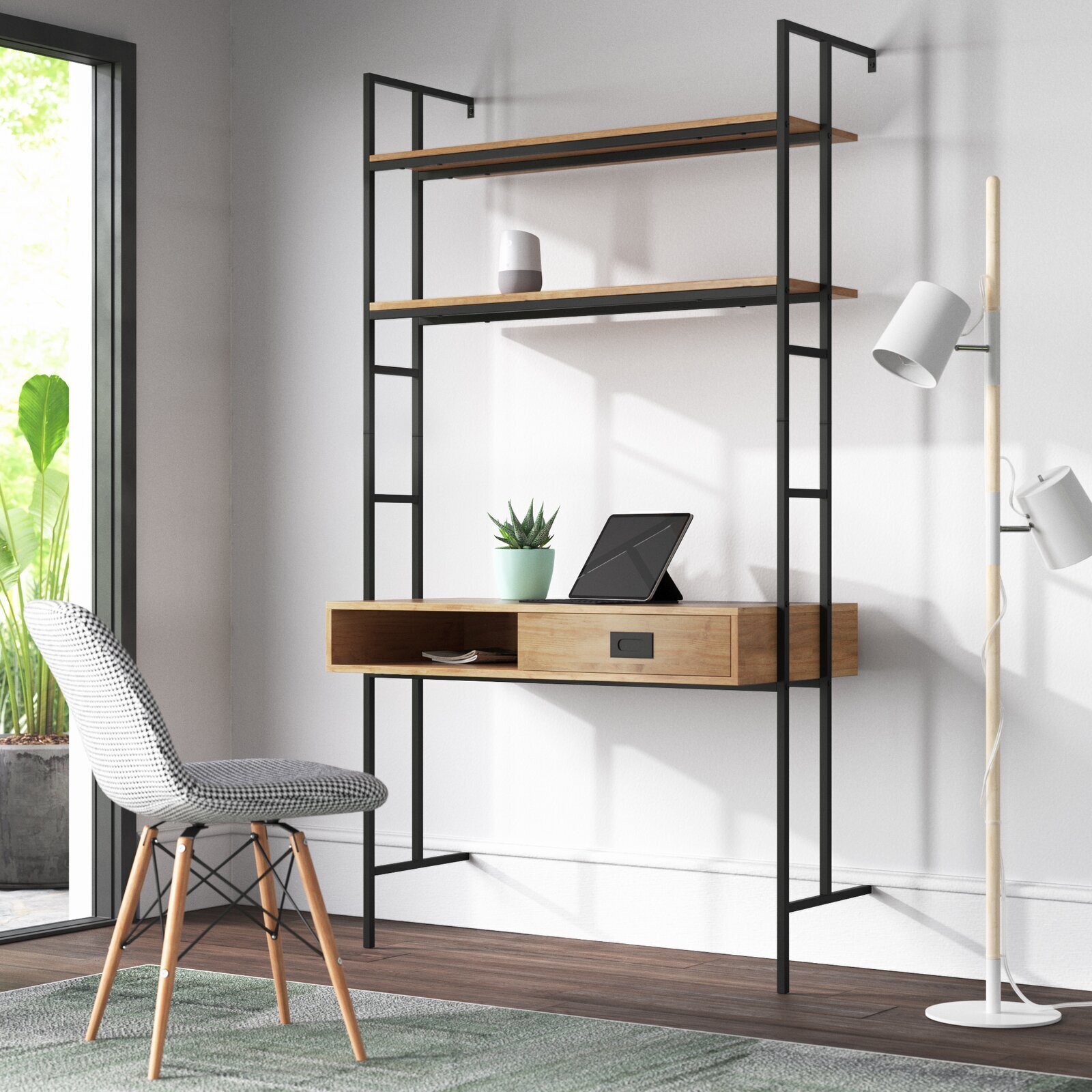 Practical Walnut Desk With Shelves Above