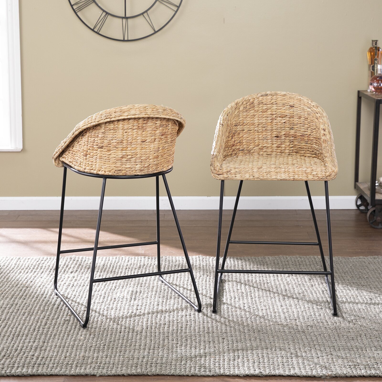 Rattan Low Kitchen Stools with Backs
