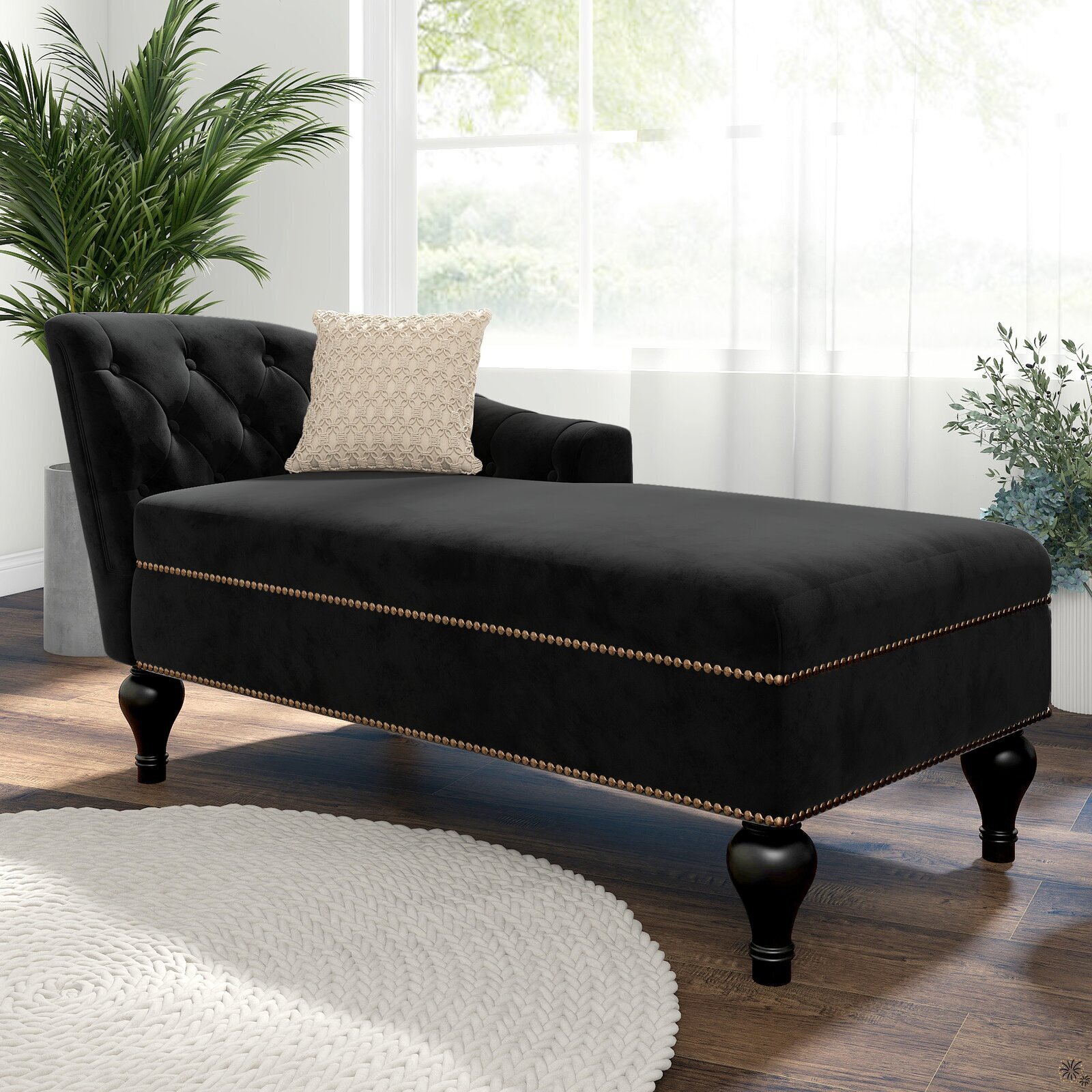 Recessed Arm Black Velvet Chaise