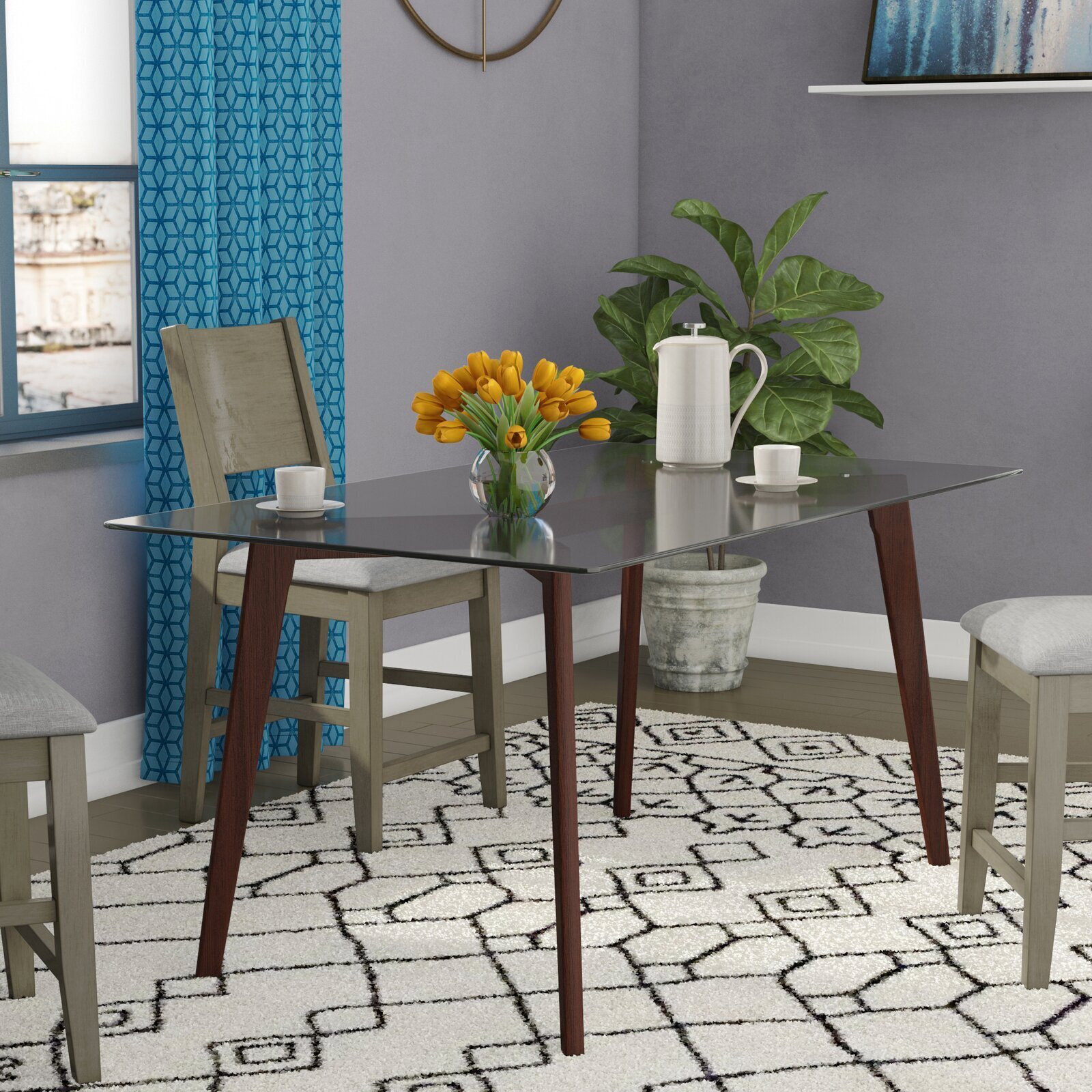 Rectangle Glass Dining Table with Wood Legs