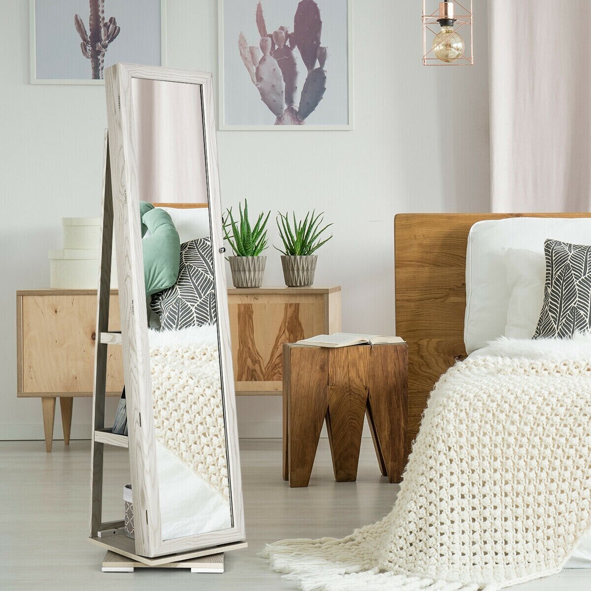 Rotating Floor Mirror Jewelry Cabinet 