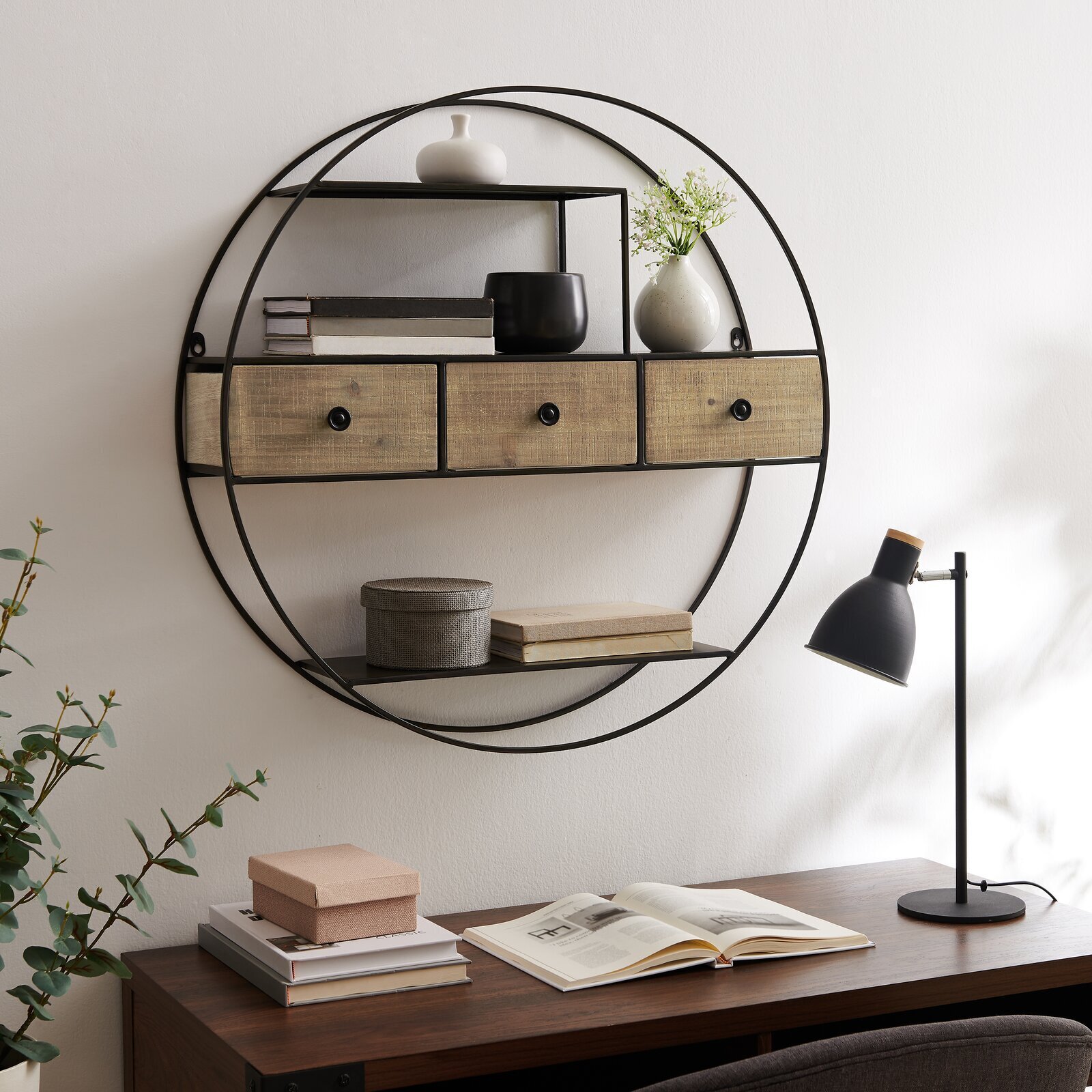 Round Floating Shelf with Drawers
