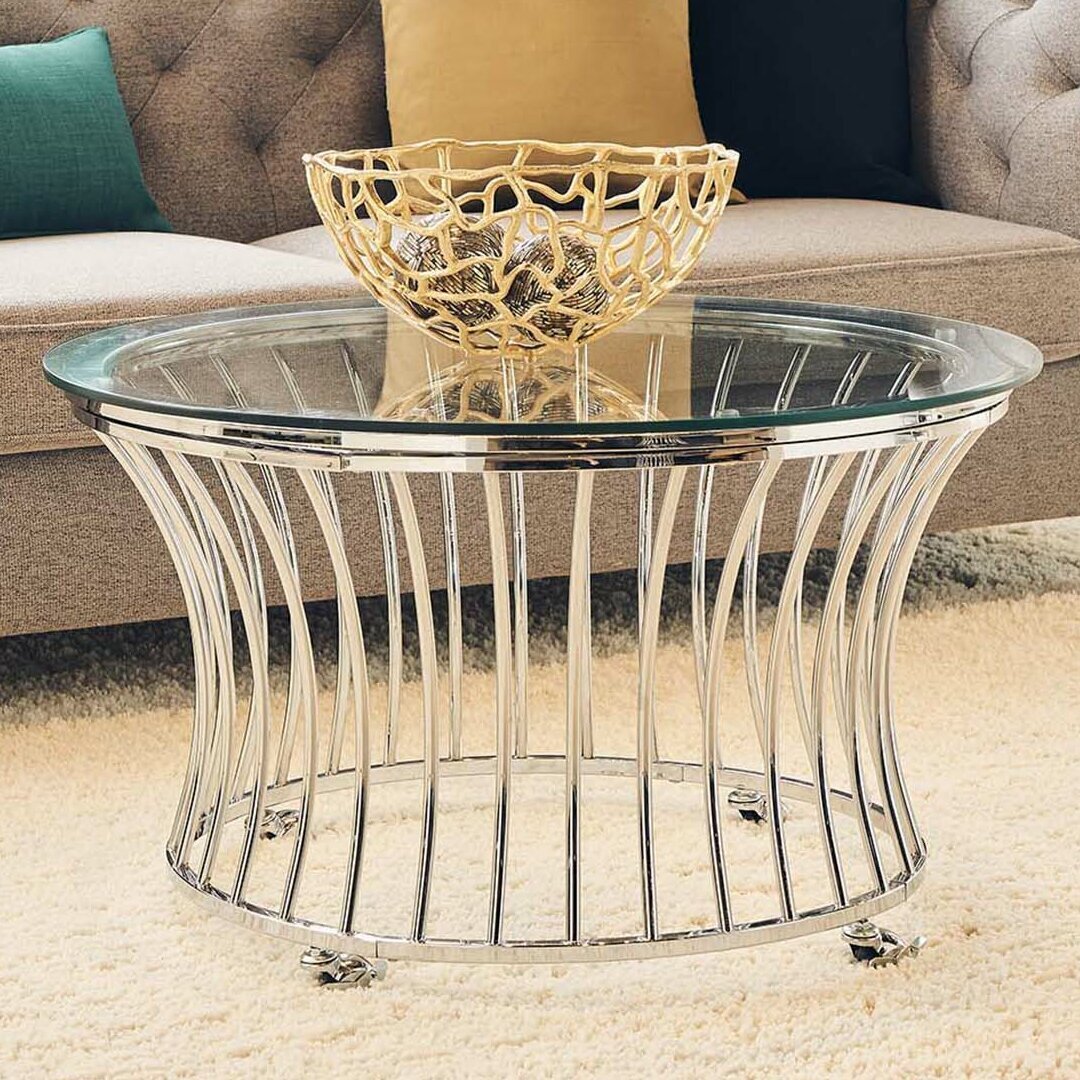Round Glass Chrome Coffee Table With A Vertical Barred Bottom