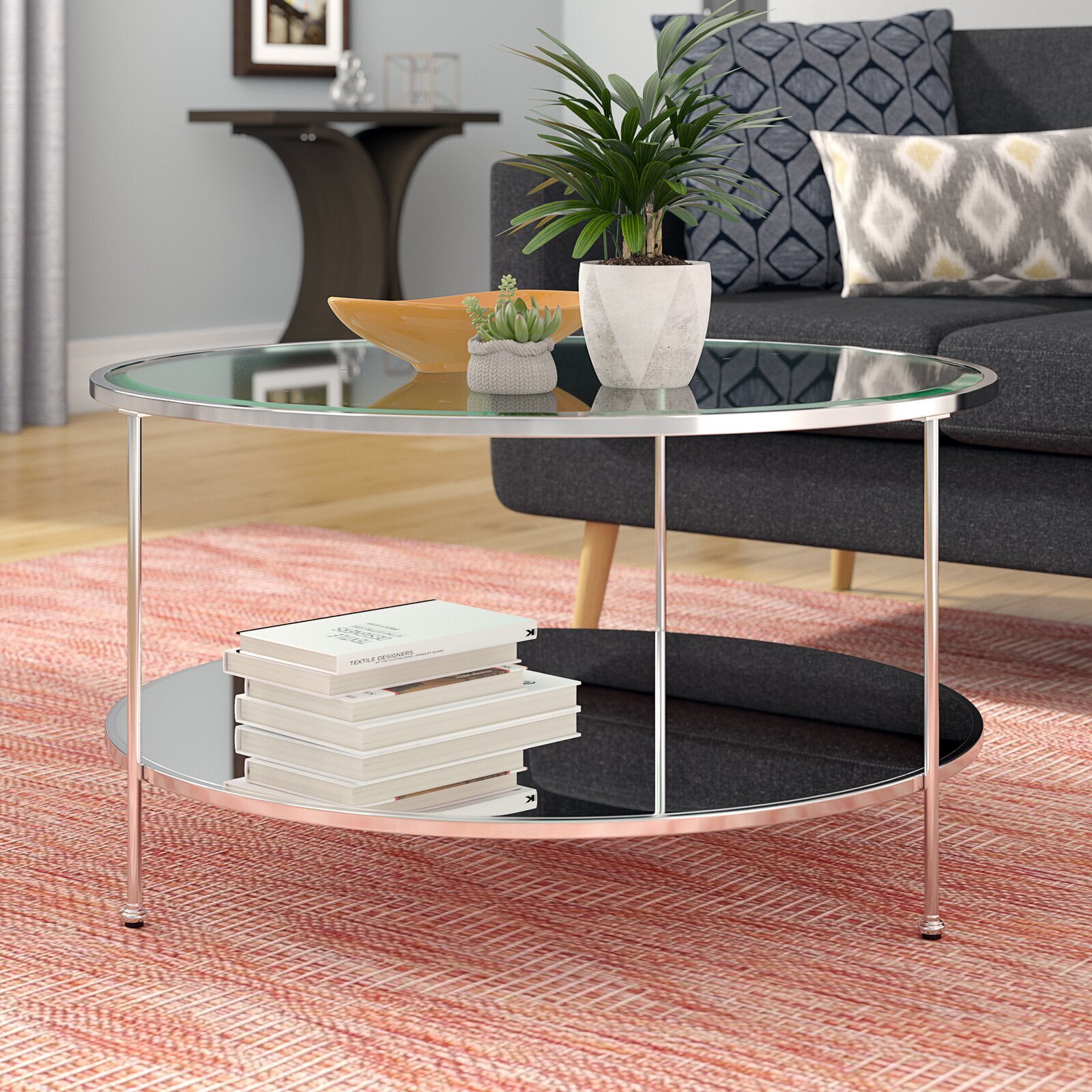 Round Glass Coffee Table Chrome With Shelf 