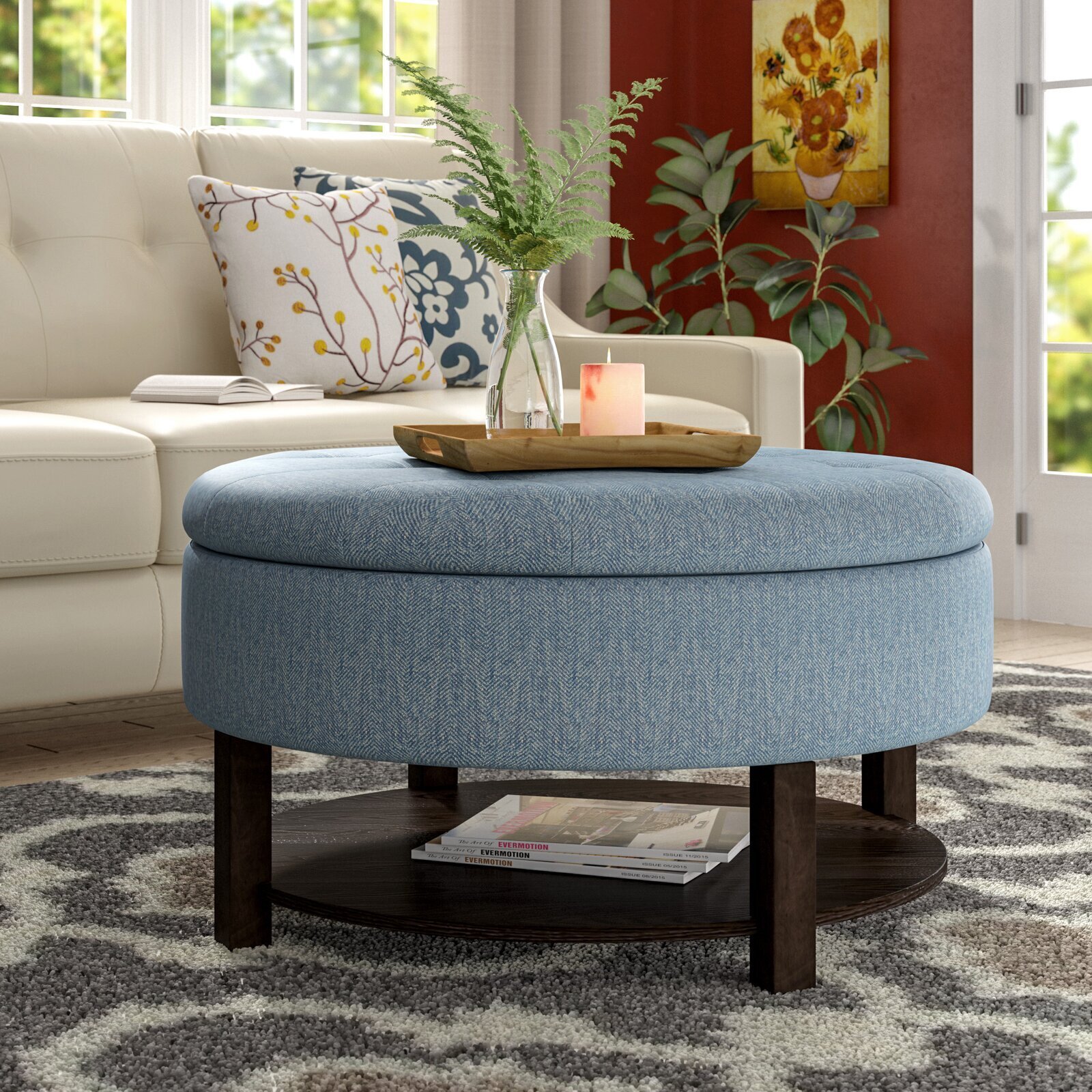 Round Wooden Ottoman with Storage