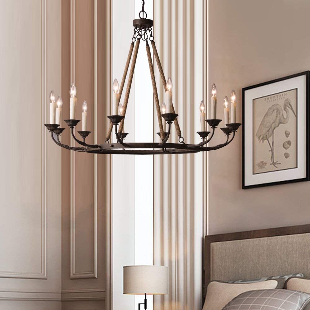 Rustic Style With Hemp Rope Faux Candle Chandelier 