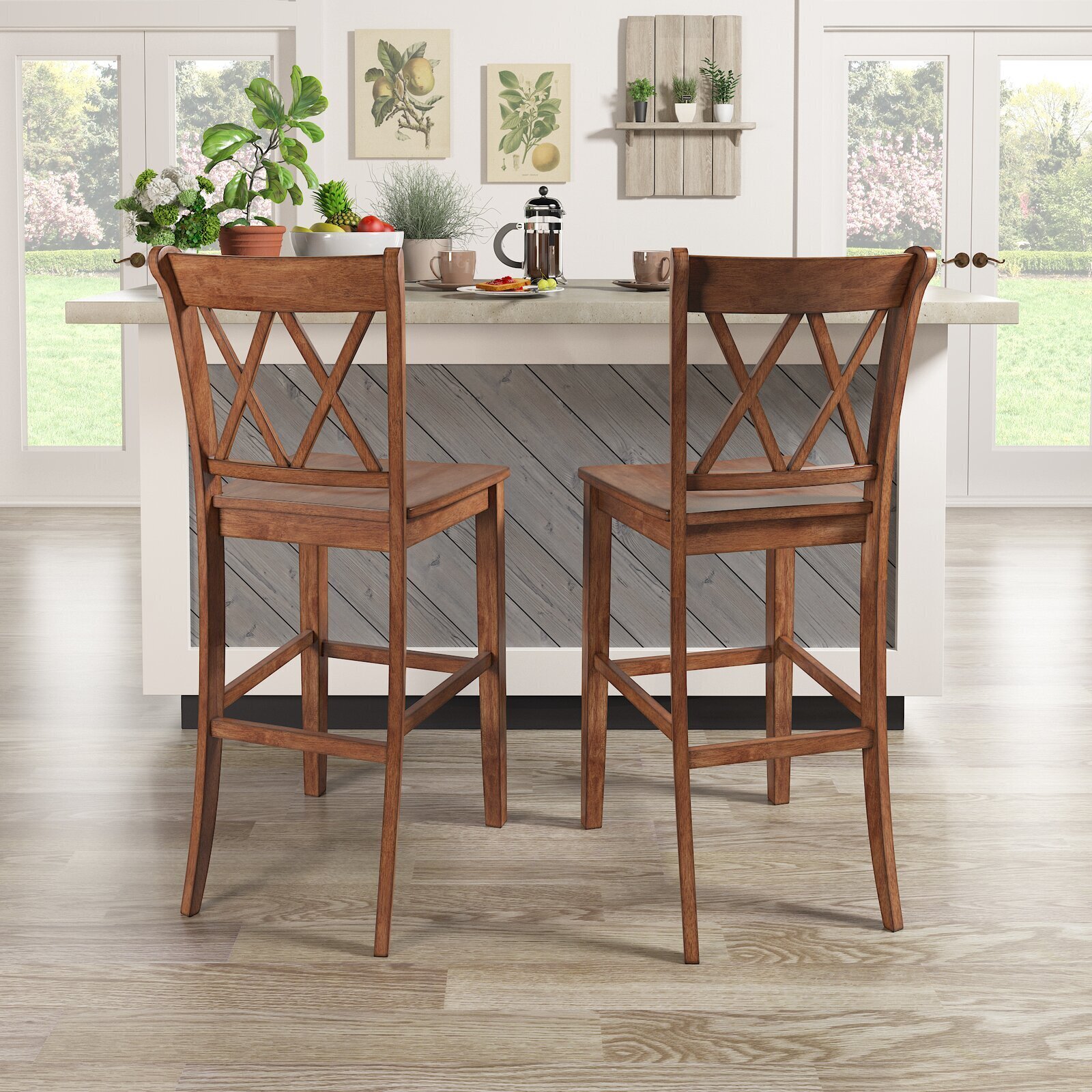 Set of Two Rubberwood Farmhouse Bar Stools