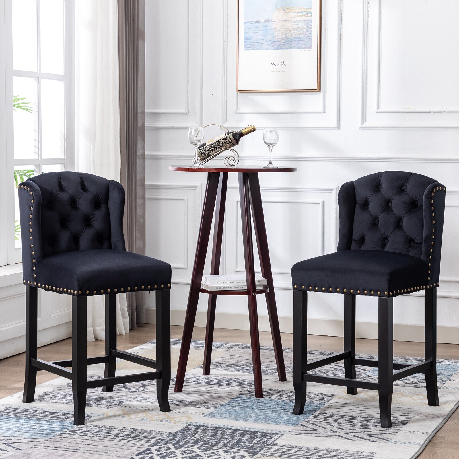 Set of Two Tufted Velvet Bar Stools