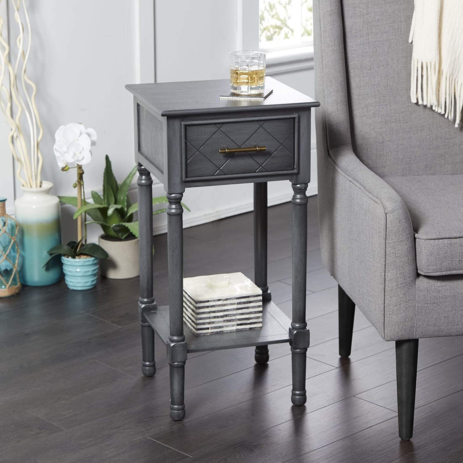 Silver Wood Plant Stand With Drawer 