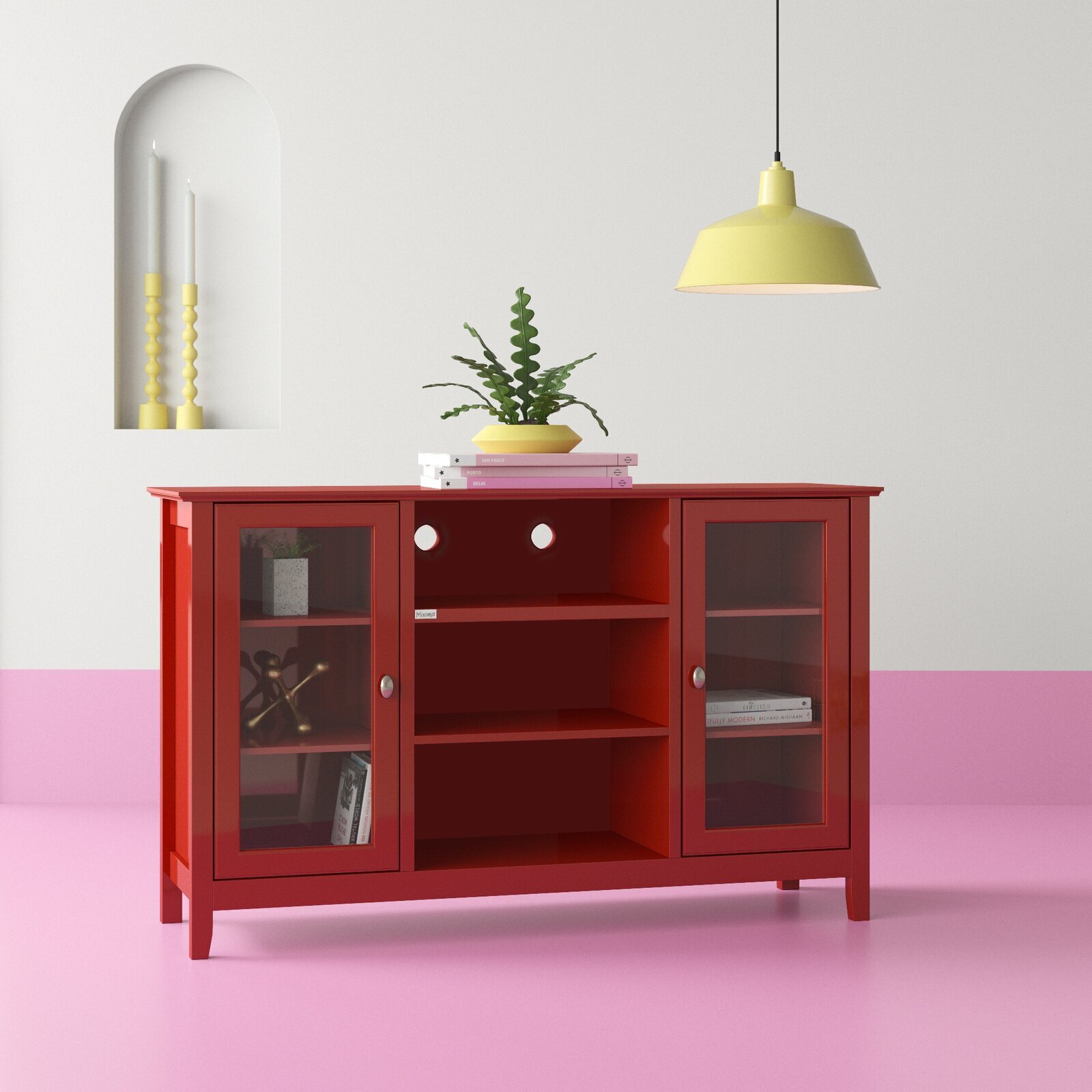 Simple Sideboard Red with Two Glass Doors 