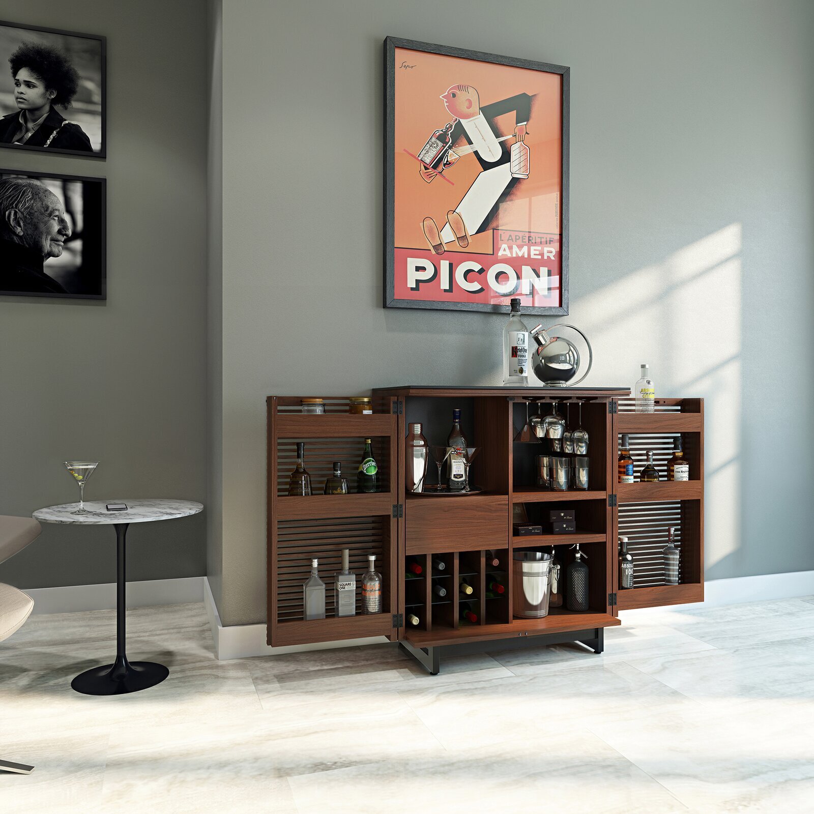 Slatted Wooden Cabinet With Walnut Finish