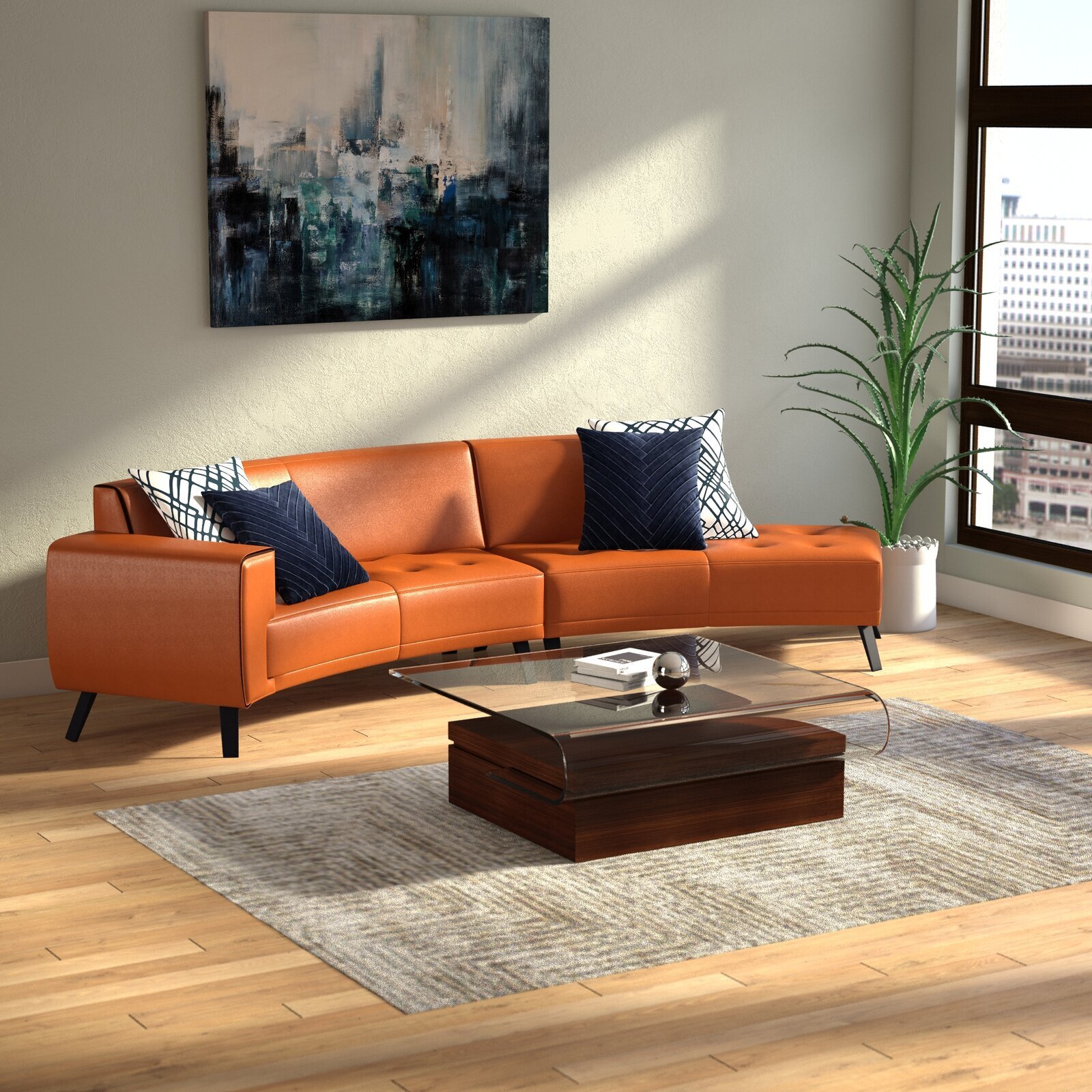 Small Curved Leather Sofa with Chaise