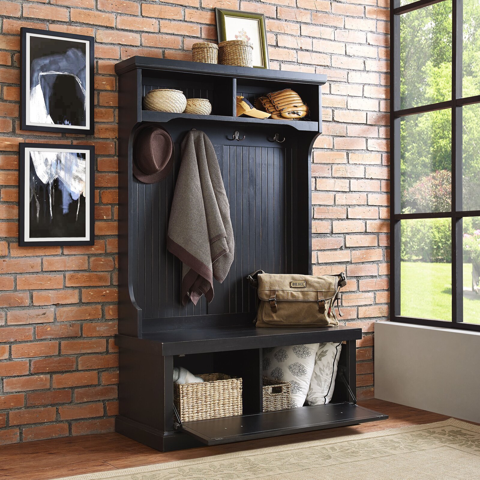 Solid Black Pine Storage Hall Tree