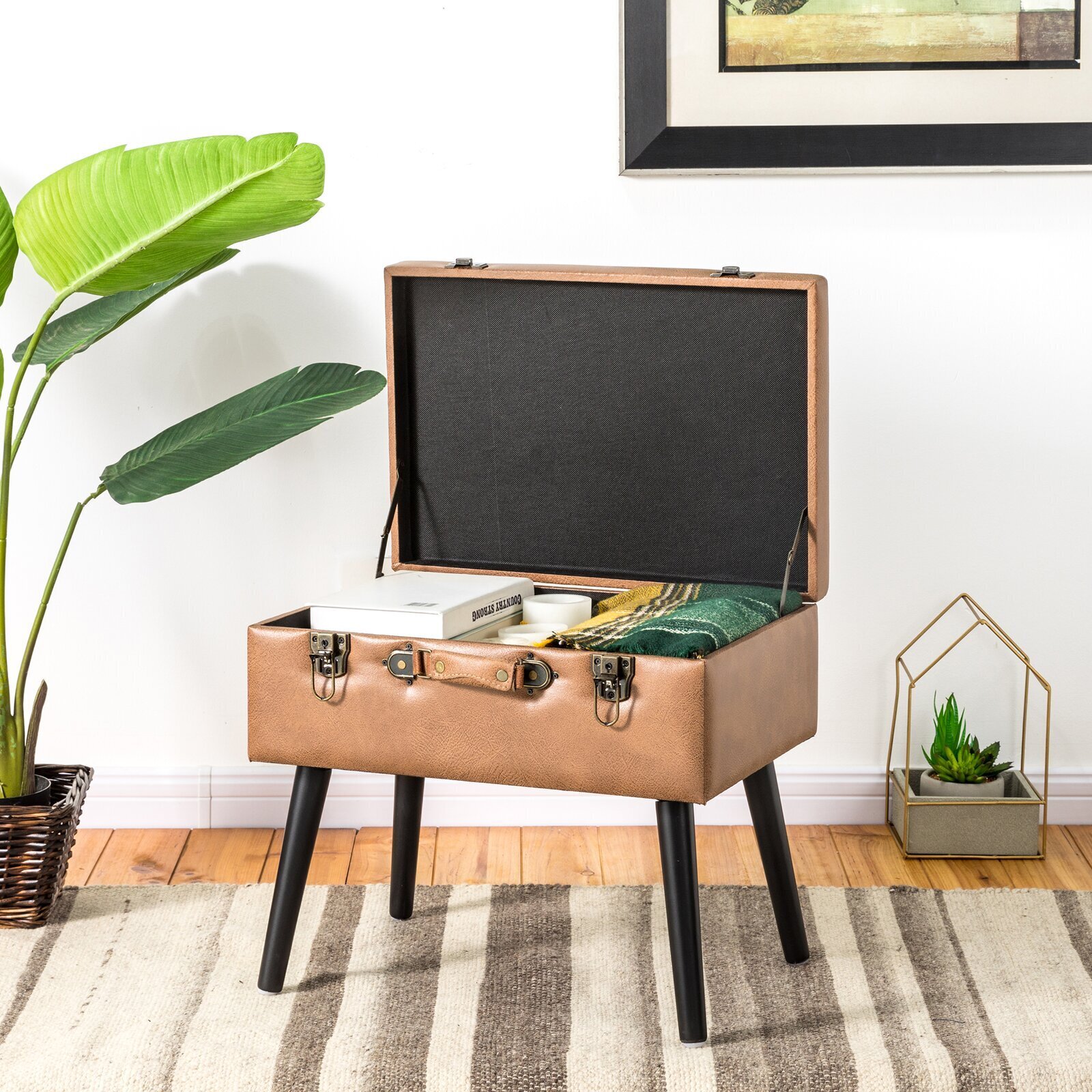 Solid Wood and Brown Leather Vanity Chair 