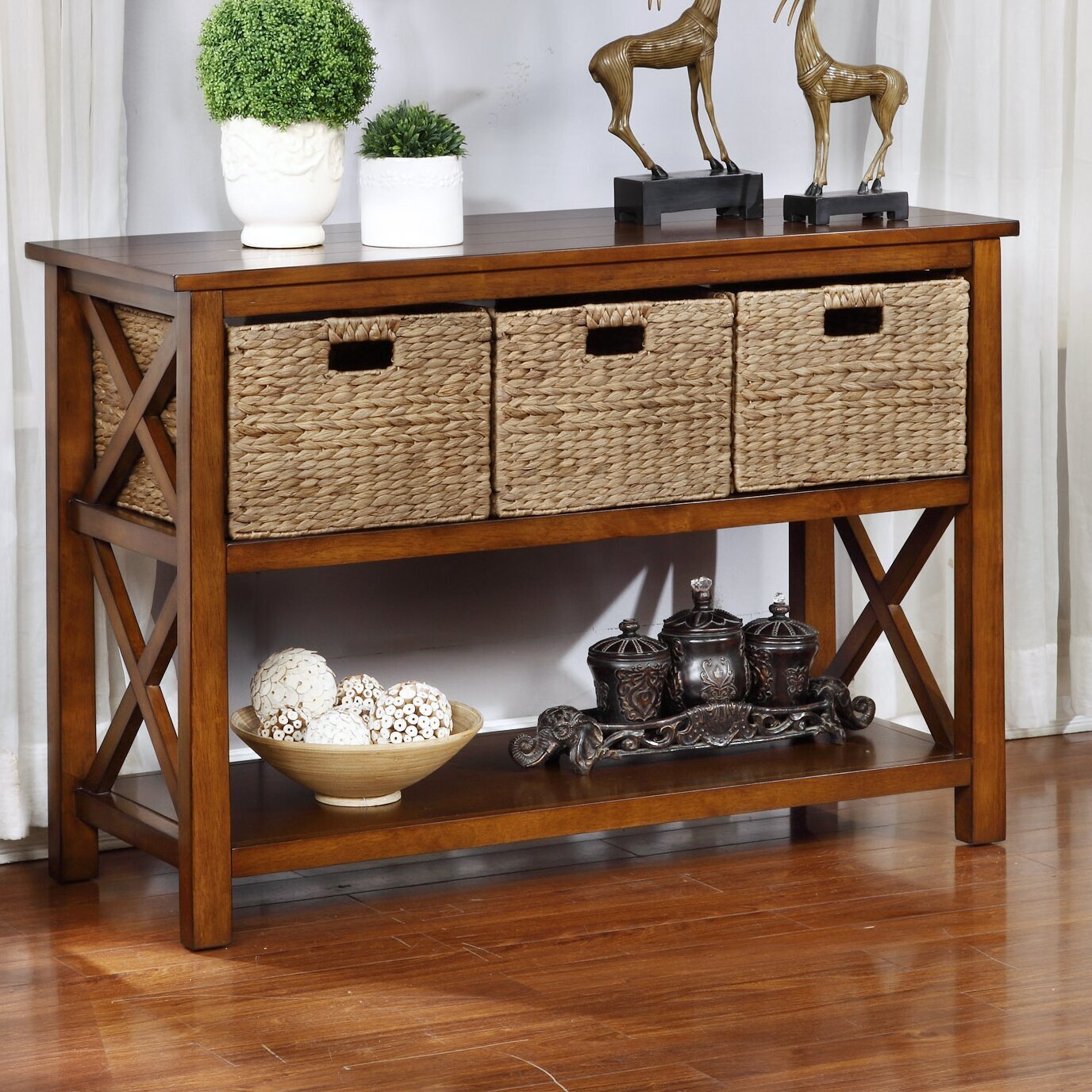 Solid Wood Console Table With Baskets 
