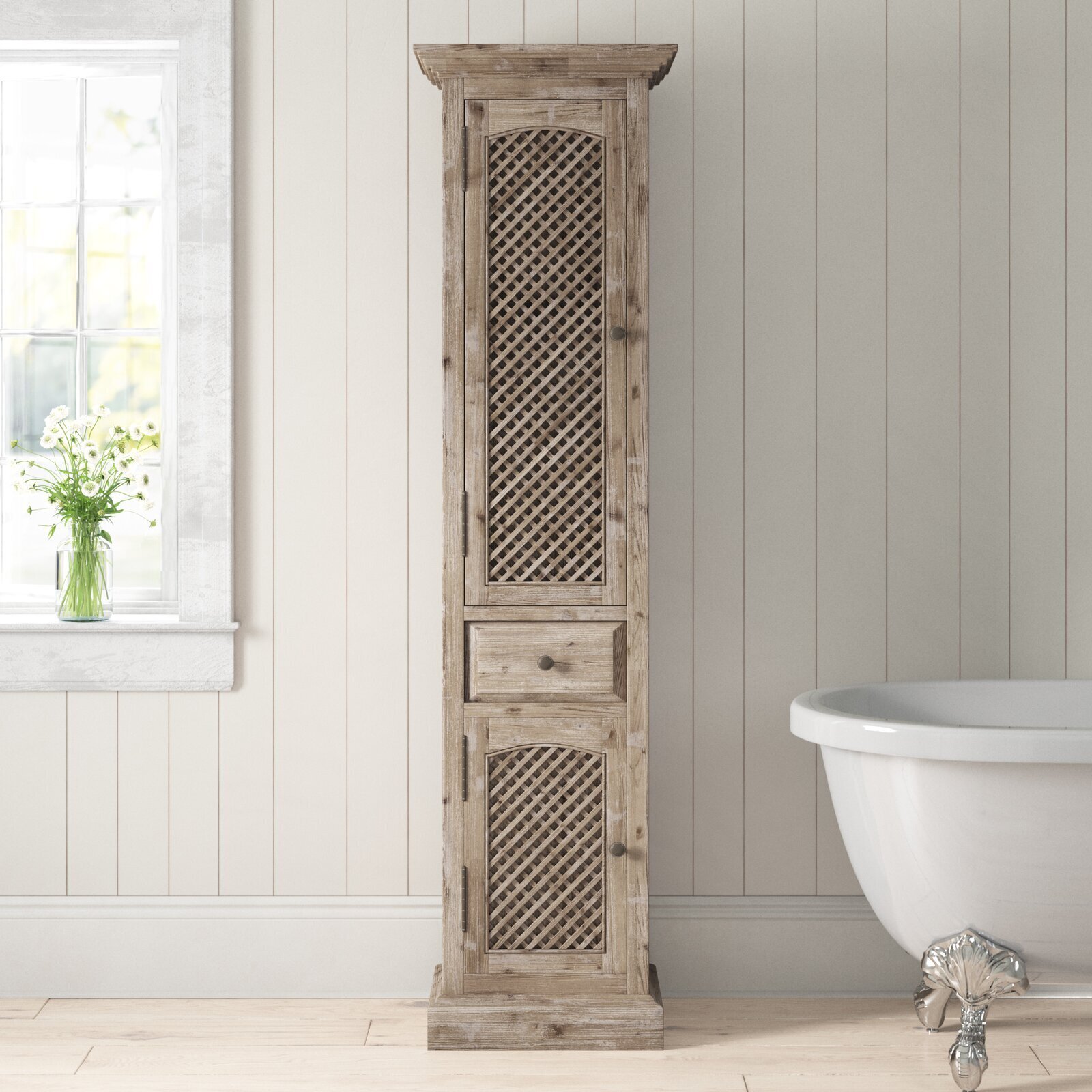 Solid wood linen cabinet with motif detailing on doors