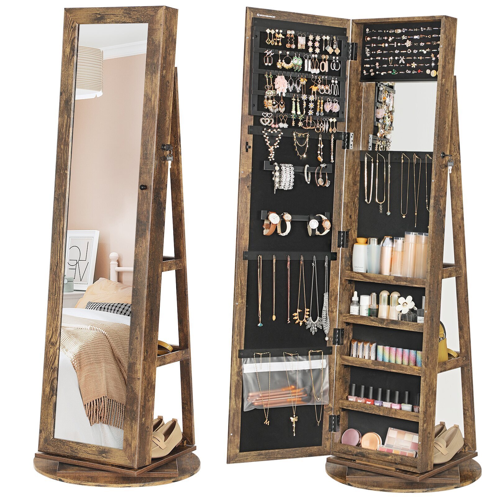 Solid wood standing jewelry box with mirror