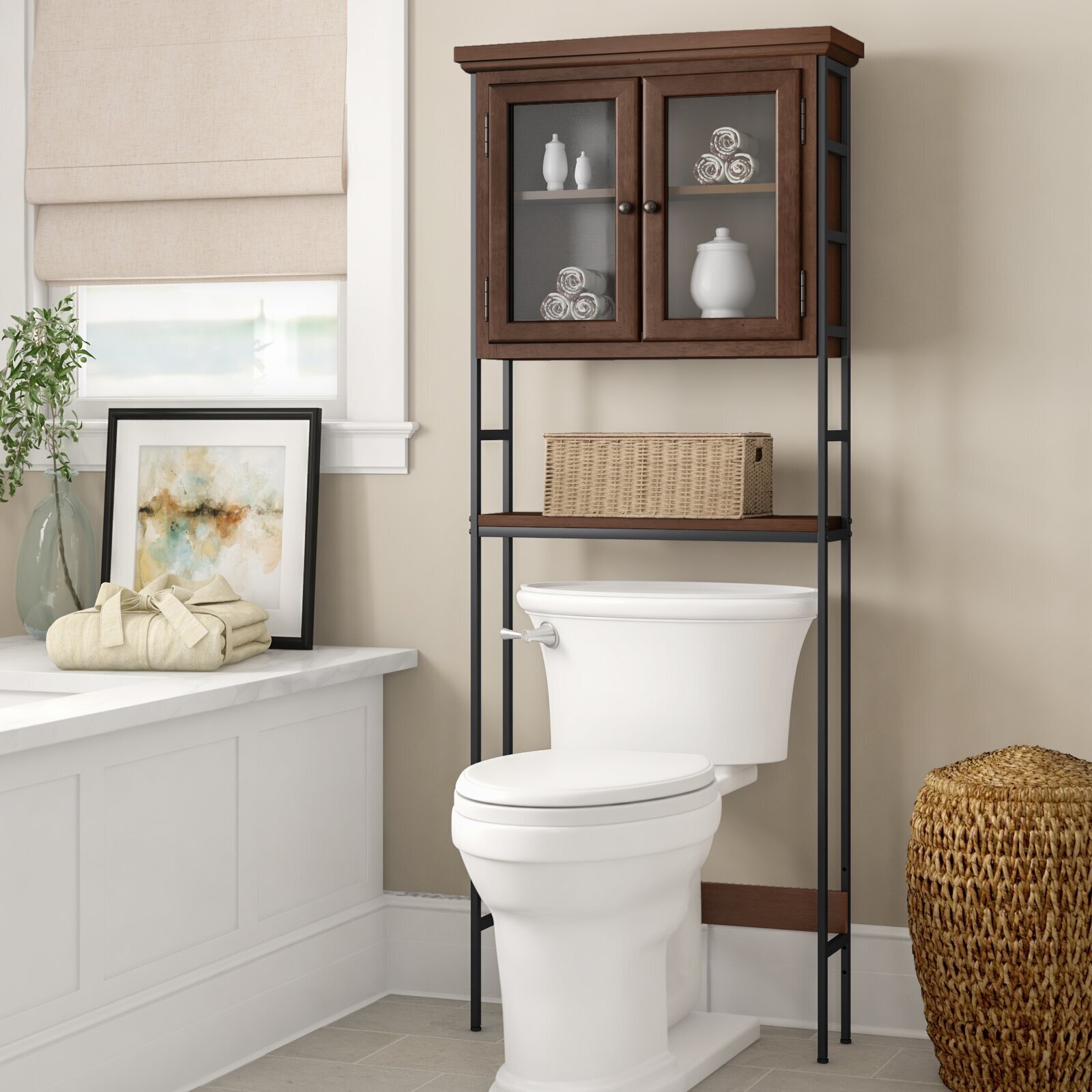 Space saving, over the toilet linen storage 