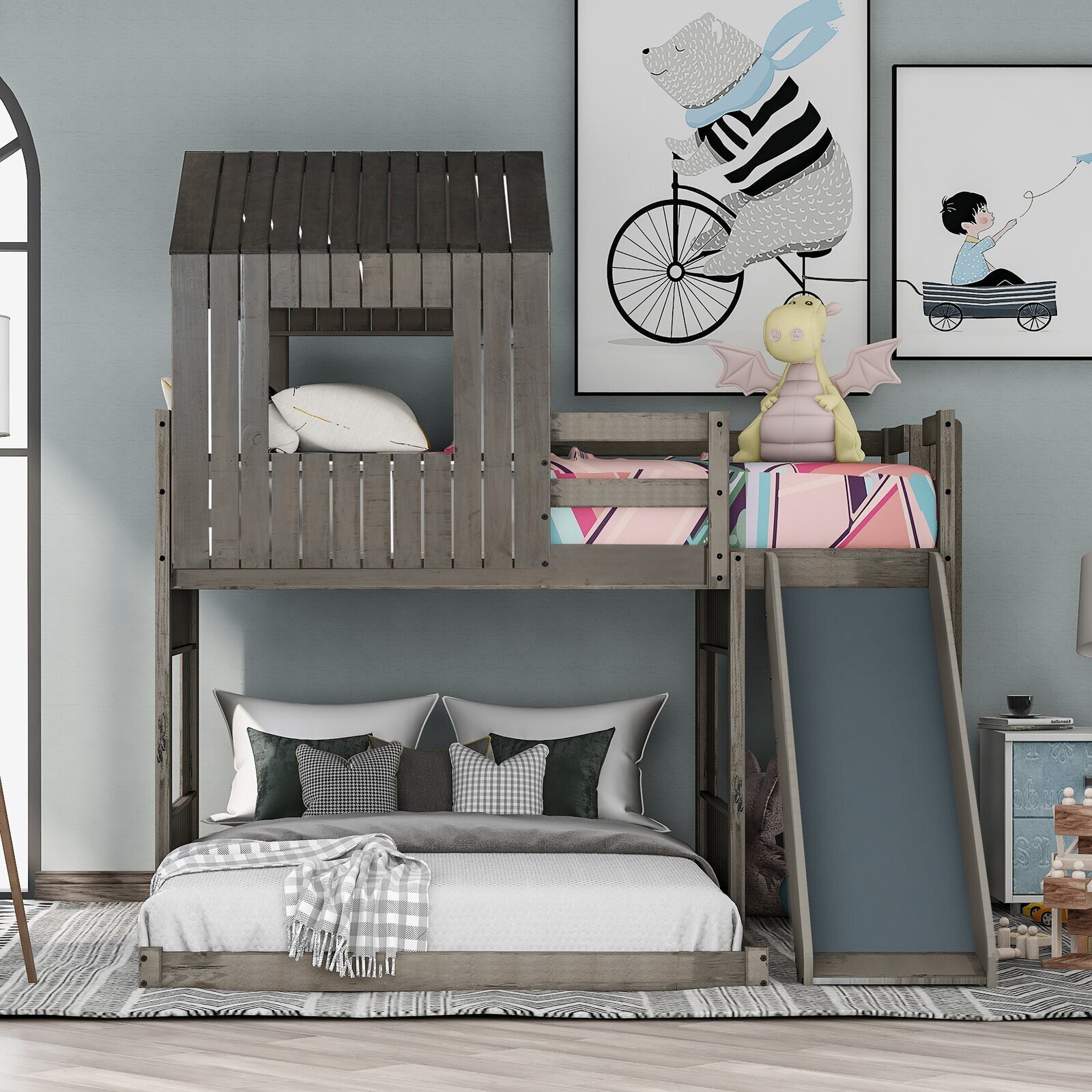 Spacious Twin Over Full Bunk Bed With Slide