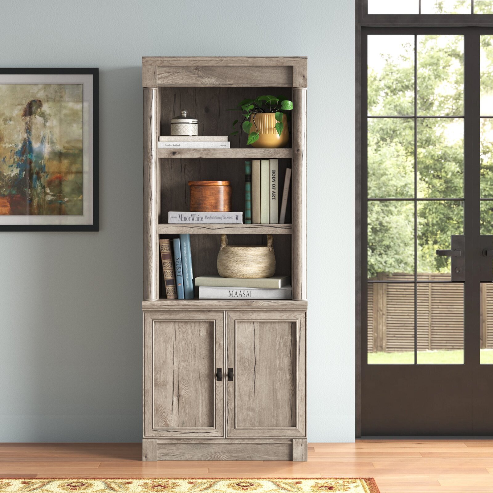 Split oak bookshelf with doors 