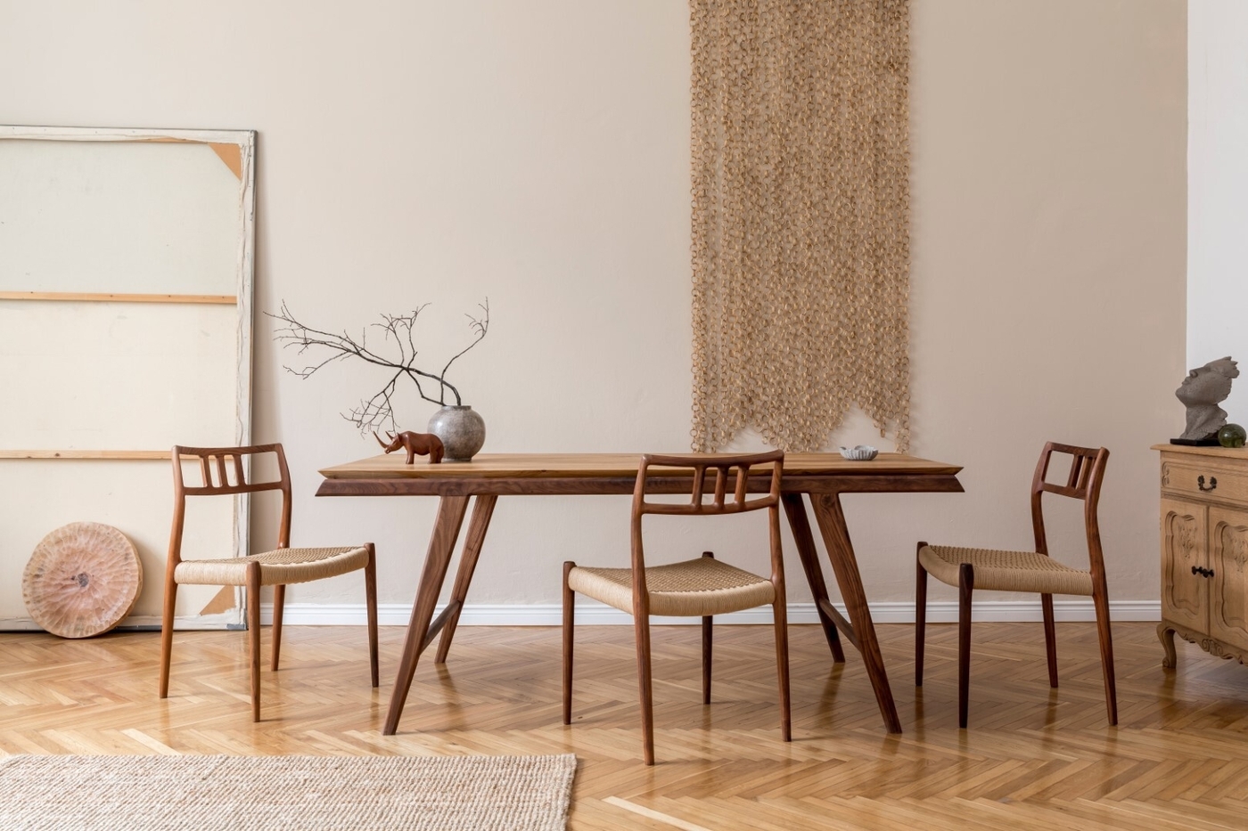 Stylish and beige interior of the dining room