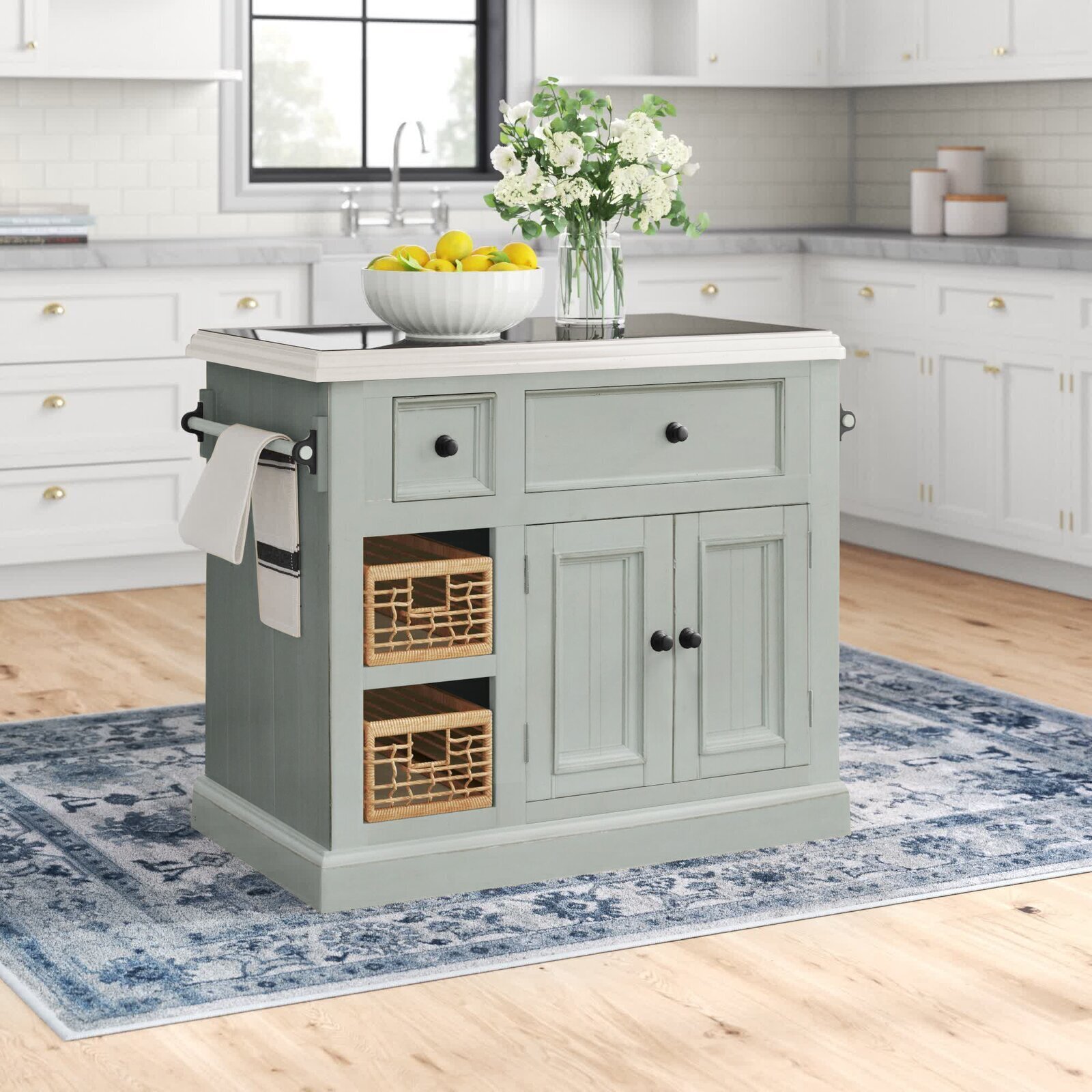 Stylish granite top kitchen island with baskets
