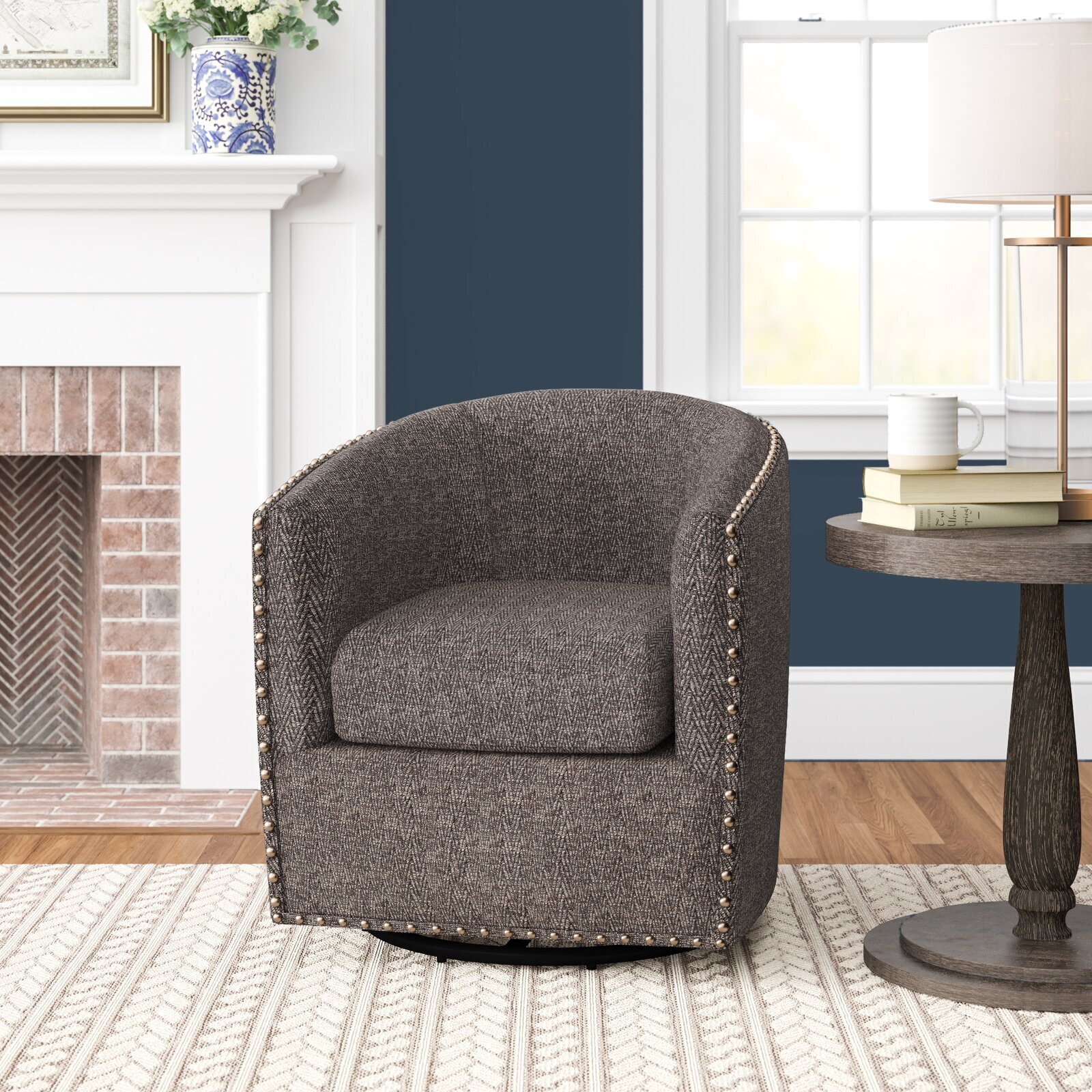 Swivel Barrel Chair With Nailhead Trim 