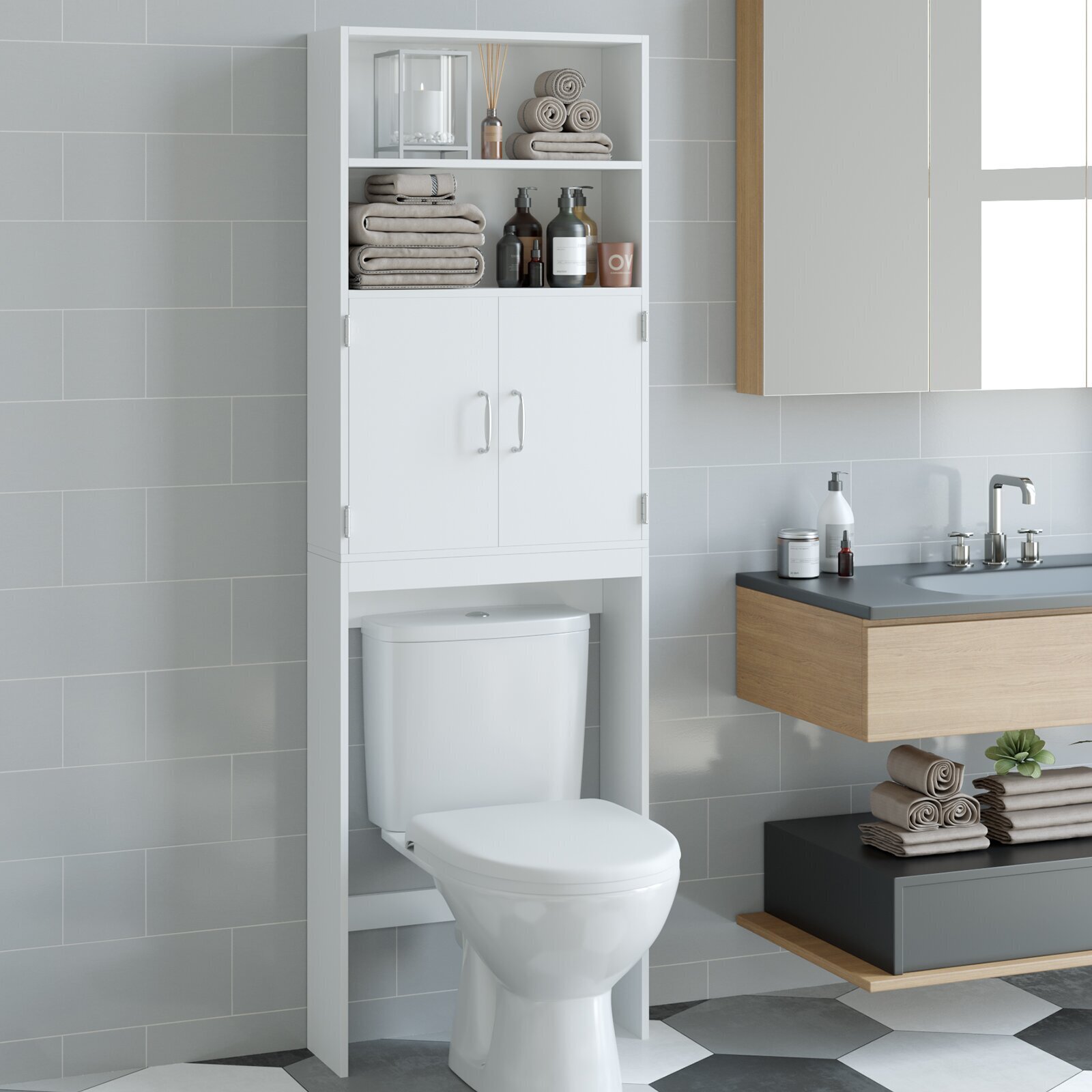 Tall over toilet cabinet with doors and shelves