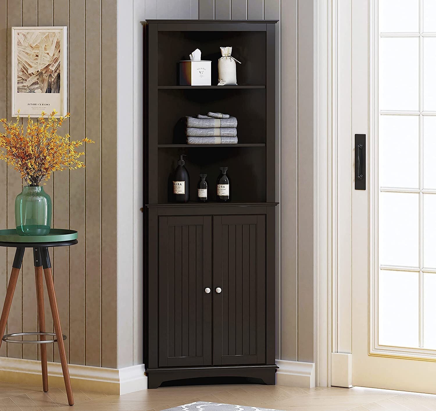 Tall Triangle Corner Cabinet with Doors and Shelves