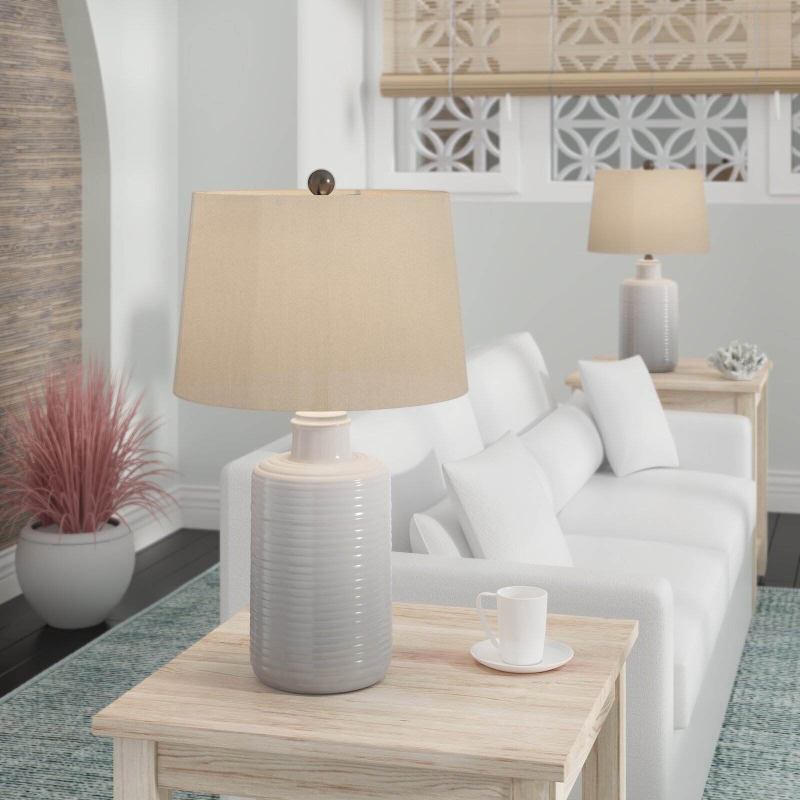 Taupe And White Textured Japandi Lamp 