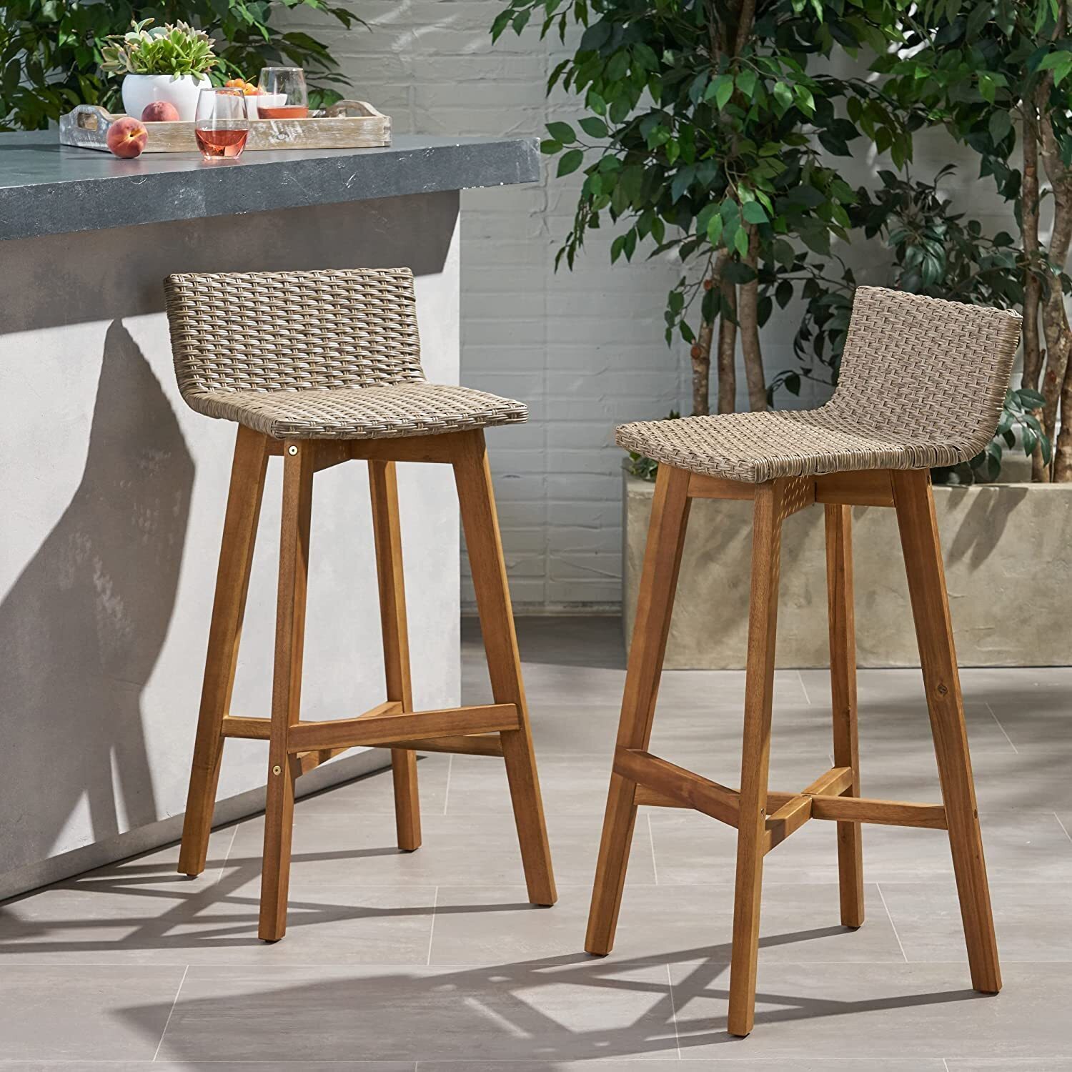 Teak Finish Woven Seat Bar Stool 