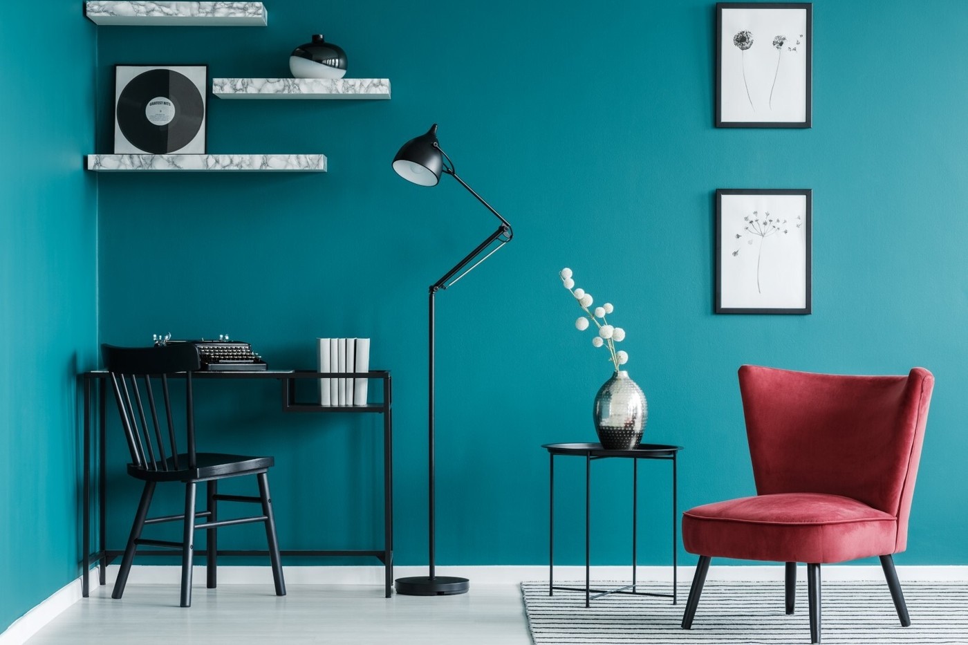 Teal and Red Living Room
