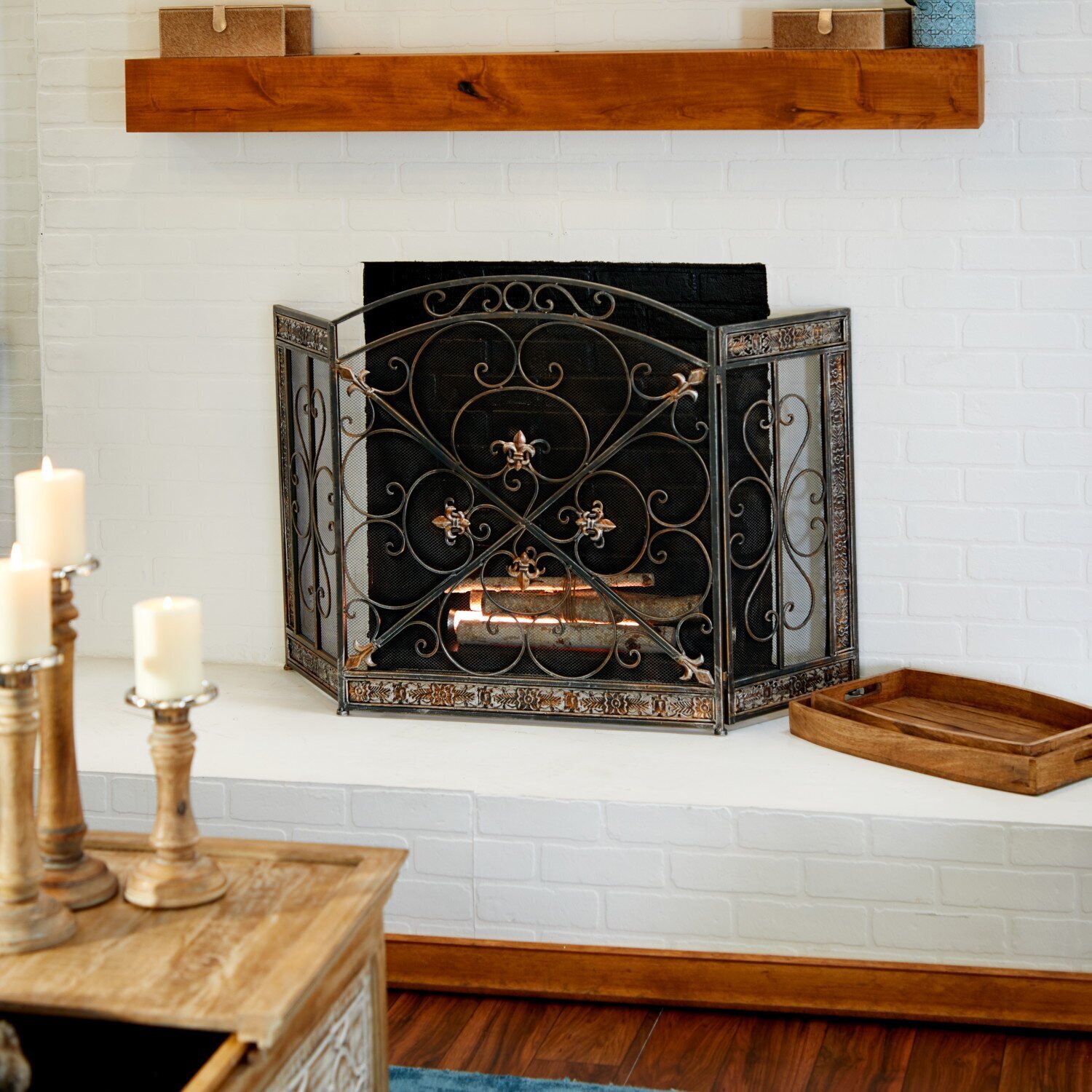 Three Panel Wrought Iron Fireplace Screen