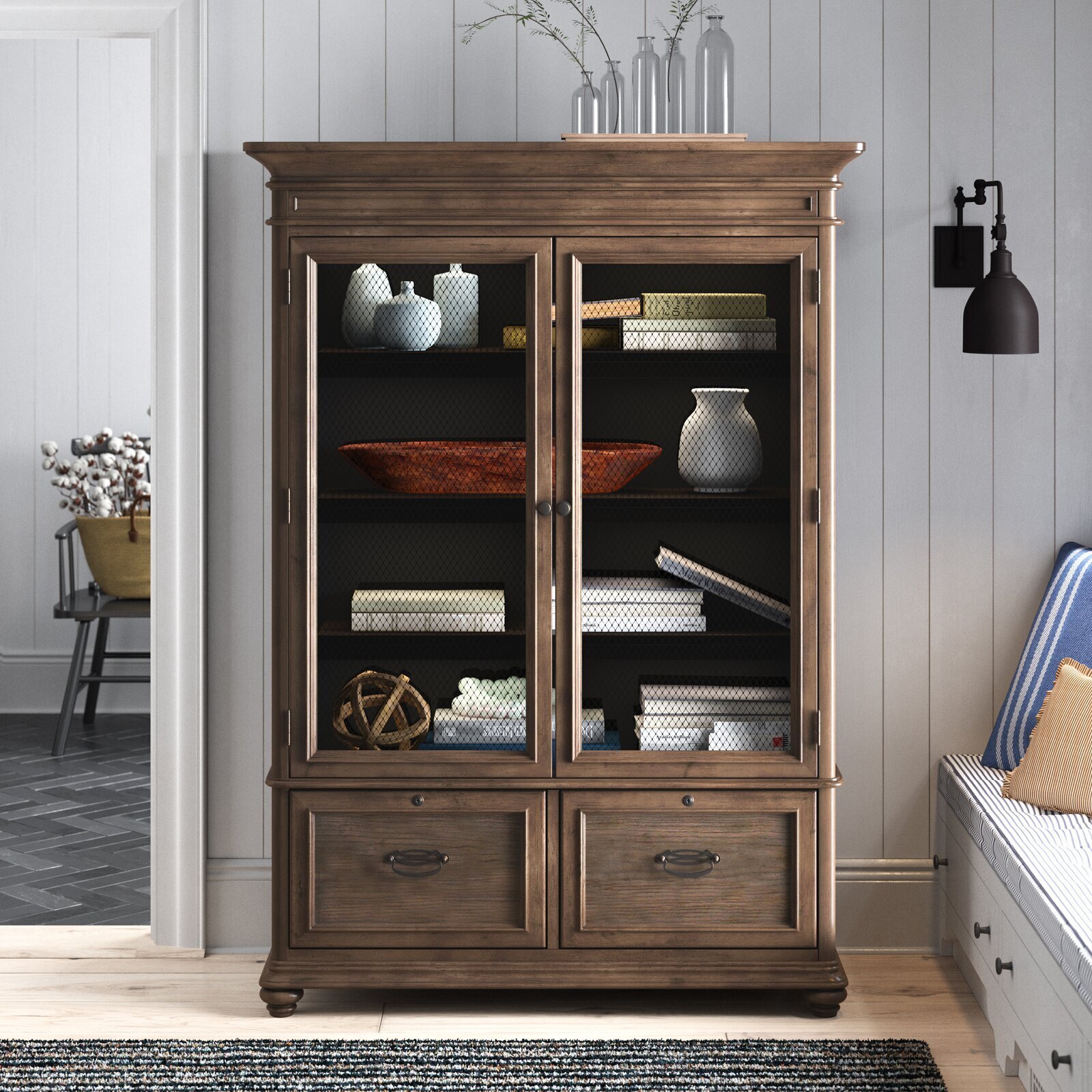 Traditional Double Glass Door and Drawer Bookshelf