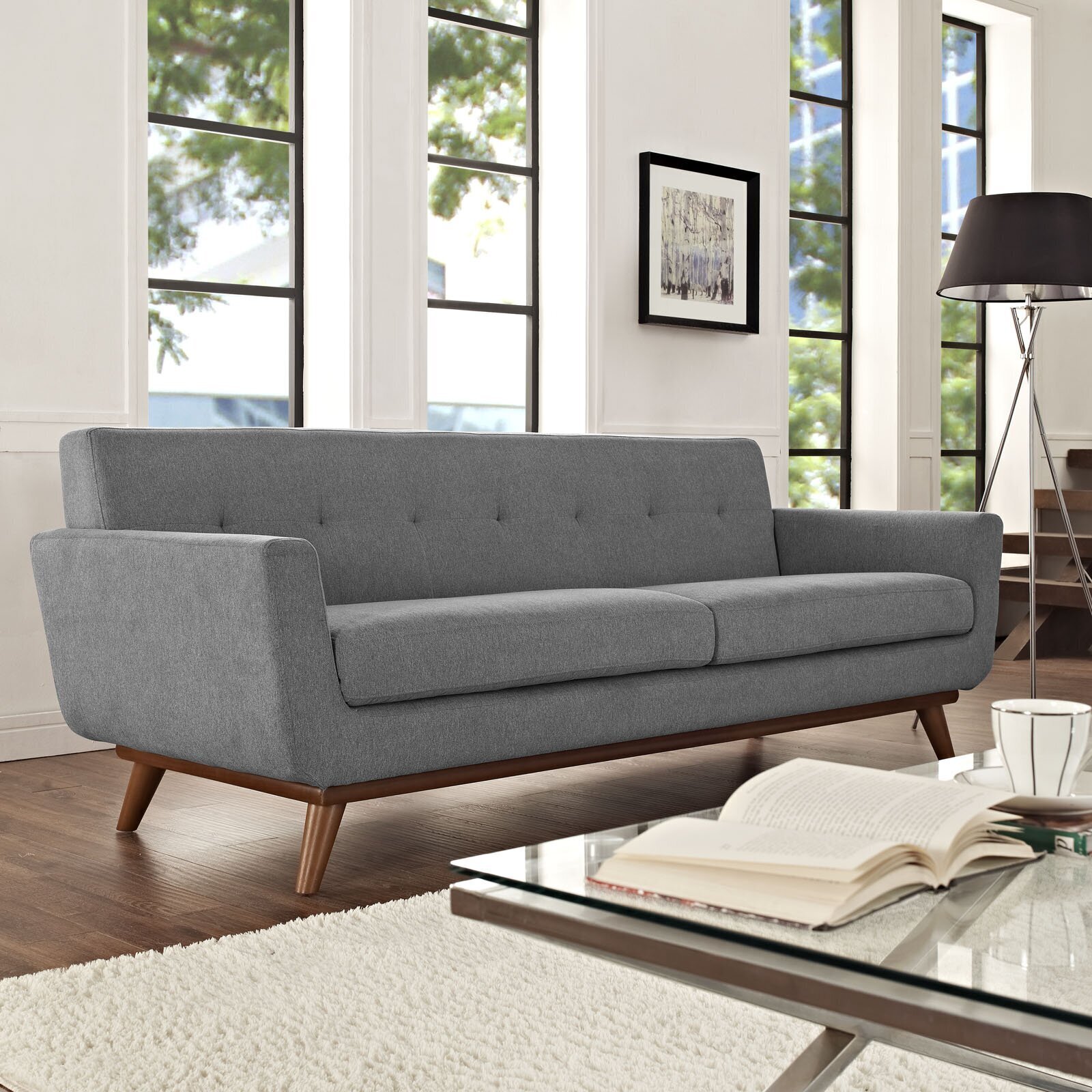 Tufted Backrest Gray Japandi Sofa With Wood Legs 
