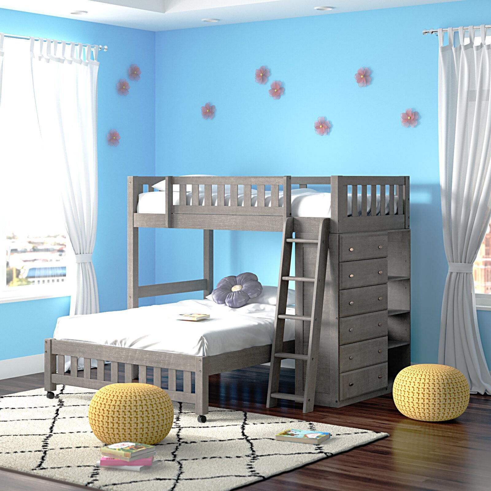 Twin Over Full Loft Bed With Storage Shelves