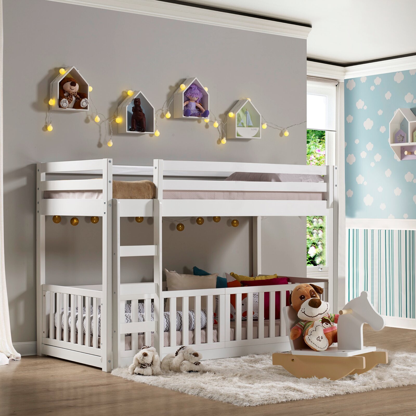 Twin Solid Wood Low Loft Bunk Bed with Guardrails