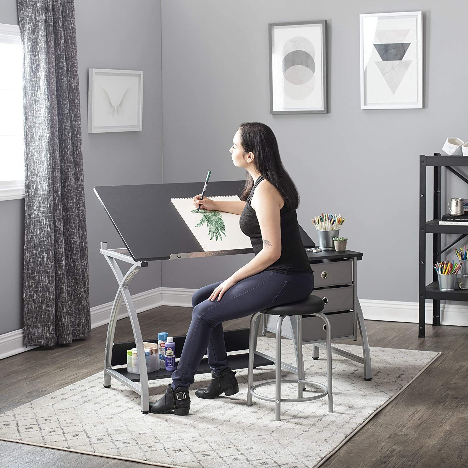 Two Piece Drafting Table and Drawer Set