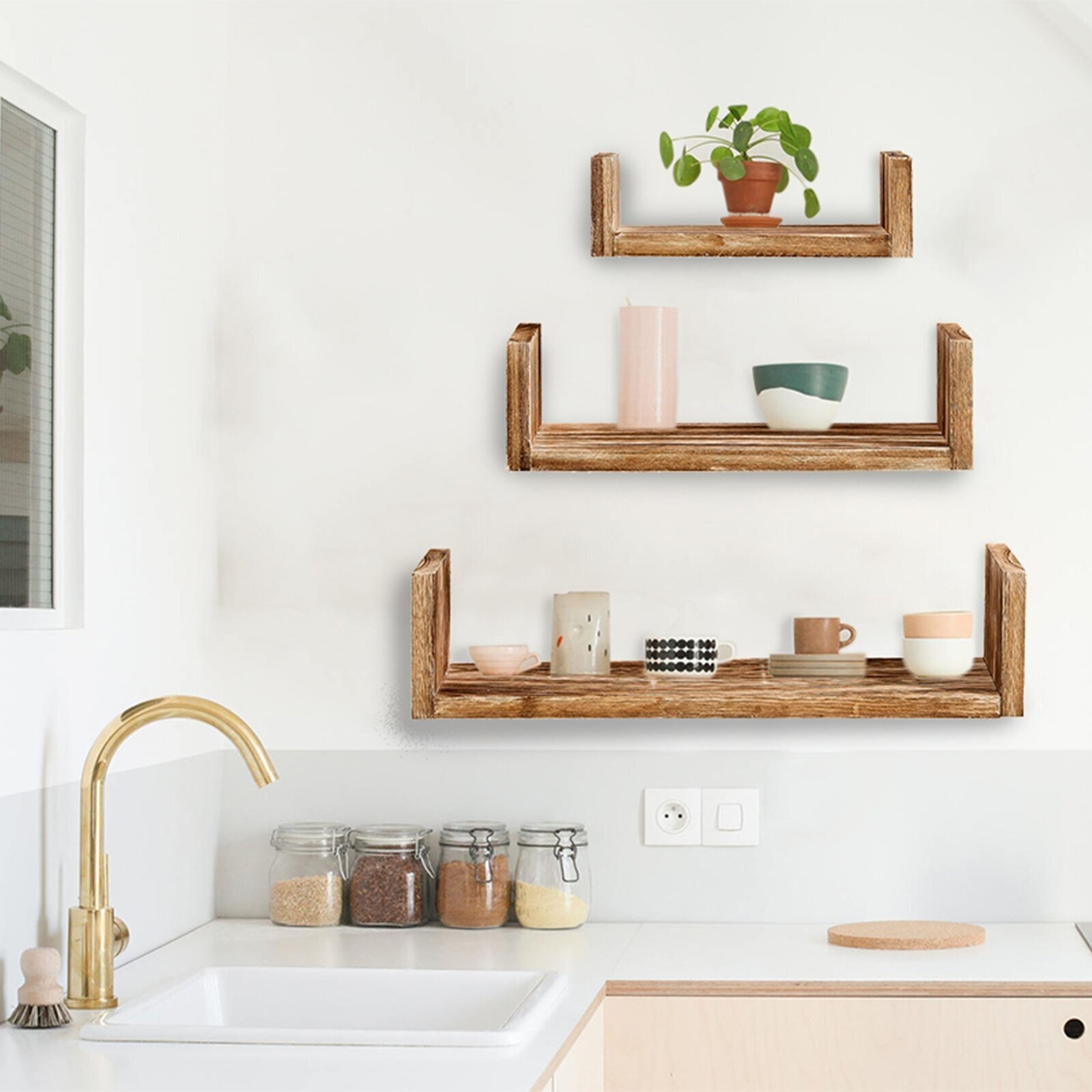 U shaped natural wood shelves