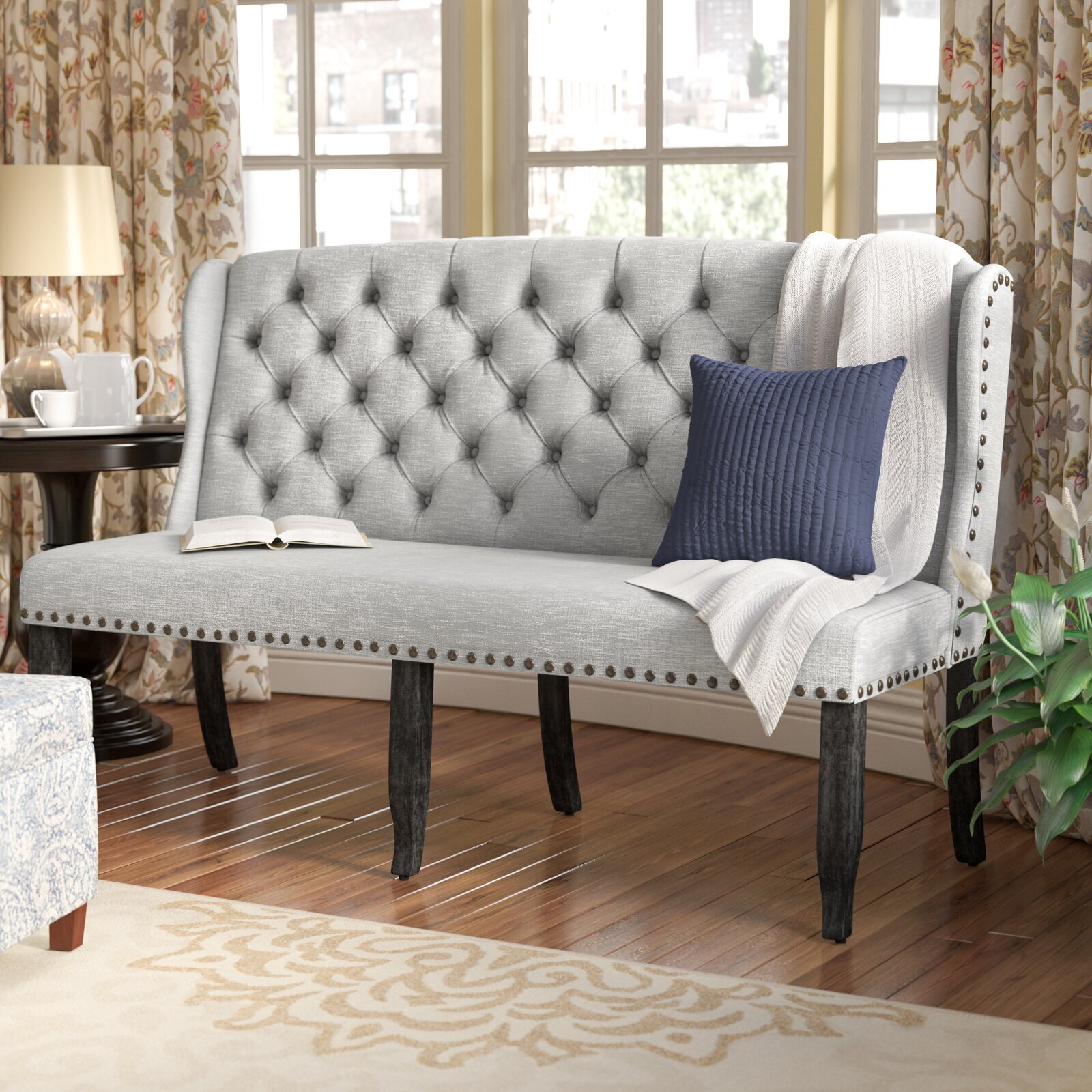 Upholstered Creamy Dining Room Table Bench With Back 