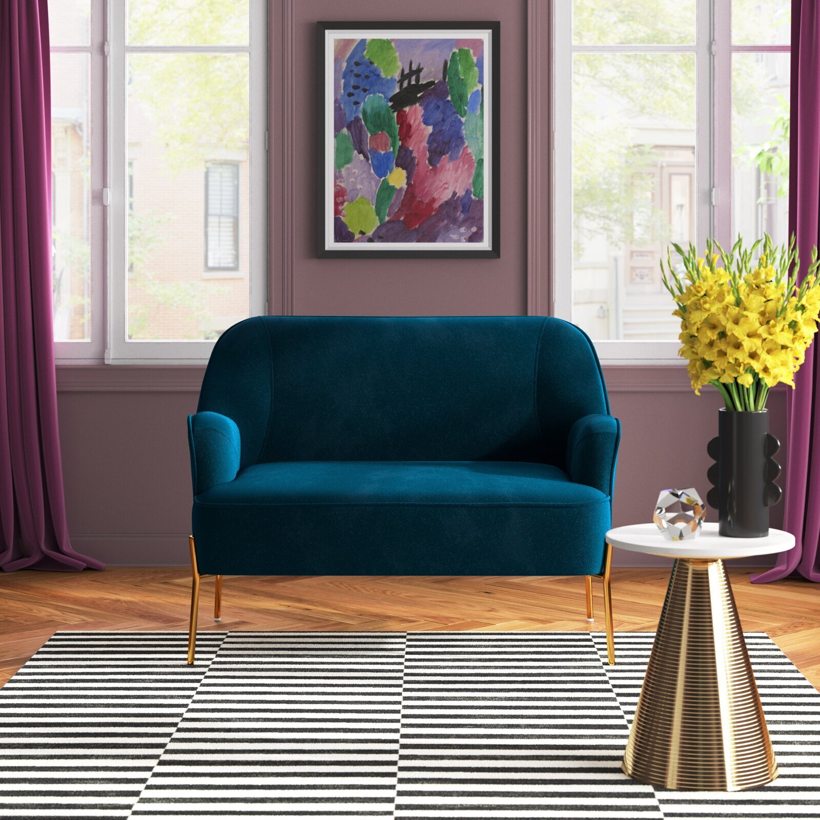 Velvet Teal Couch with Recessed Armrests
